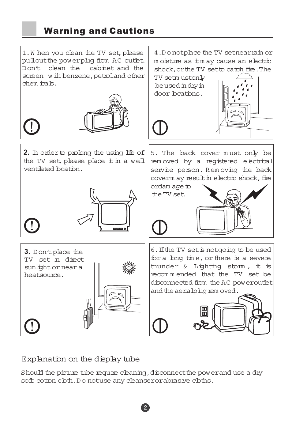 Warning and cautions, Explanation on the display tube | haier 29F5D User Manual | Page 3 / 45