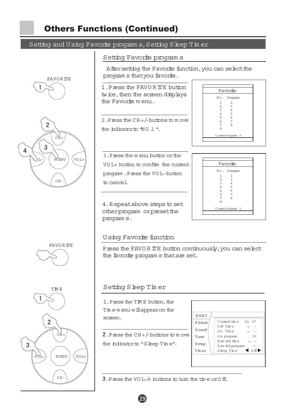 Others functions (continued), U sing favorite function, Setting sleep tim er | haier 29F5D User Manual | Page 30 / 45