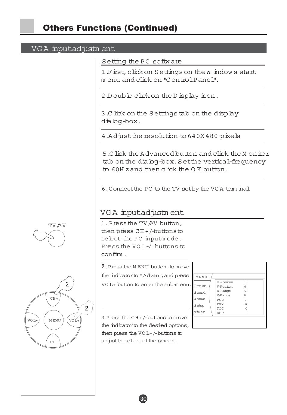Vg a input adjustm ent, The o k button, S etting the p c softw are | haier 29F5D User Manual | Page 31 / 45