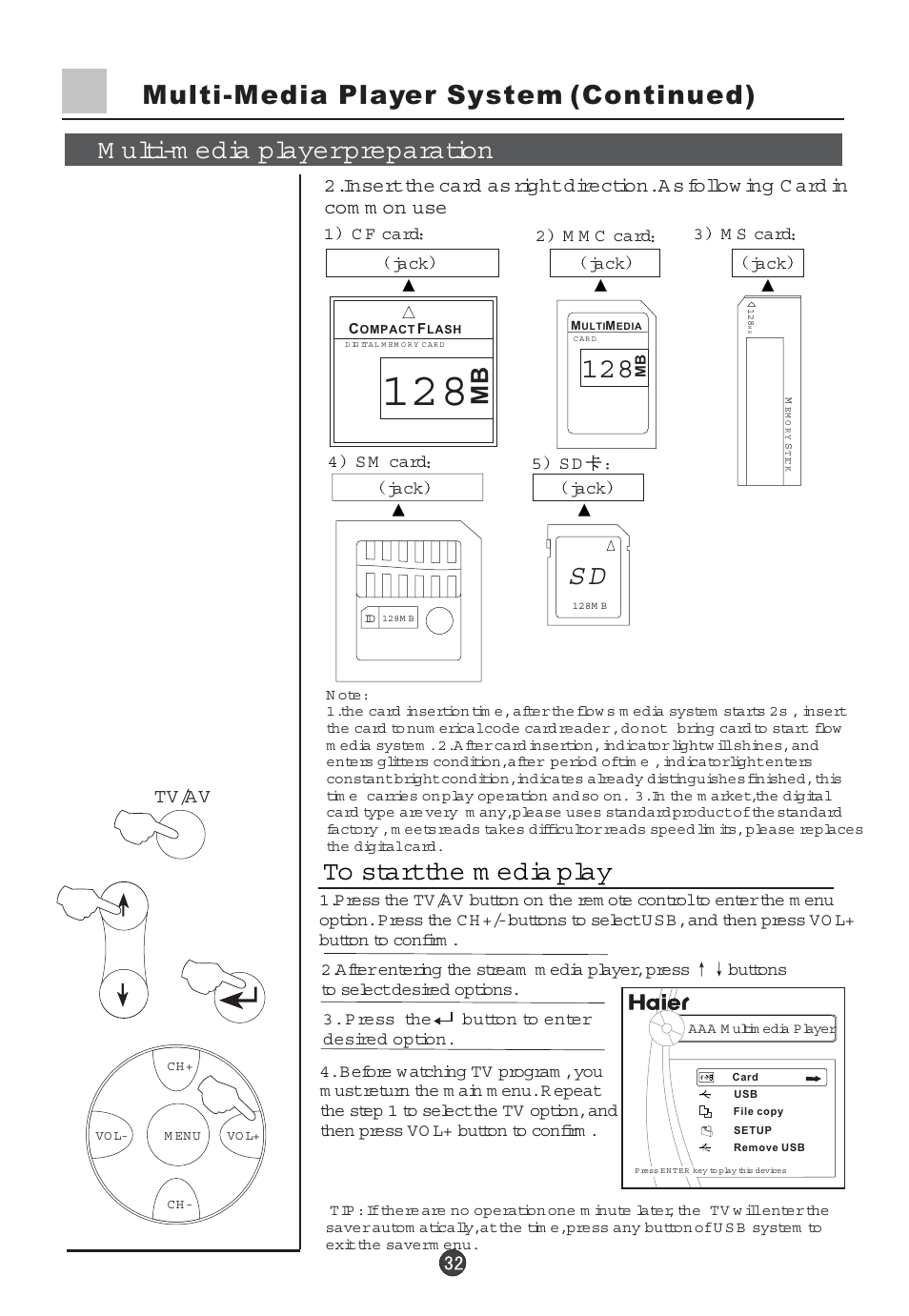 Multi-media player system (continued), M ulti-m edia player preparation, Tv/av | haier 29F5D User Manual | Page 33 / 45