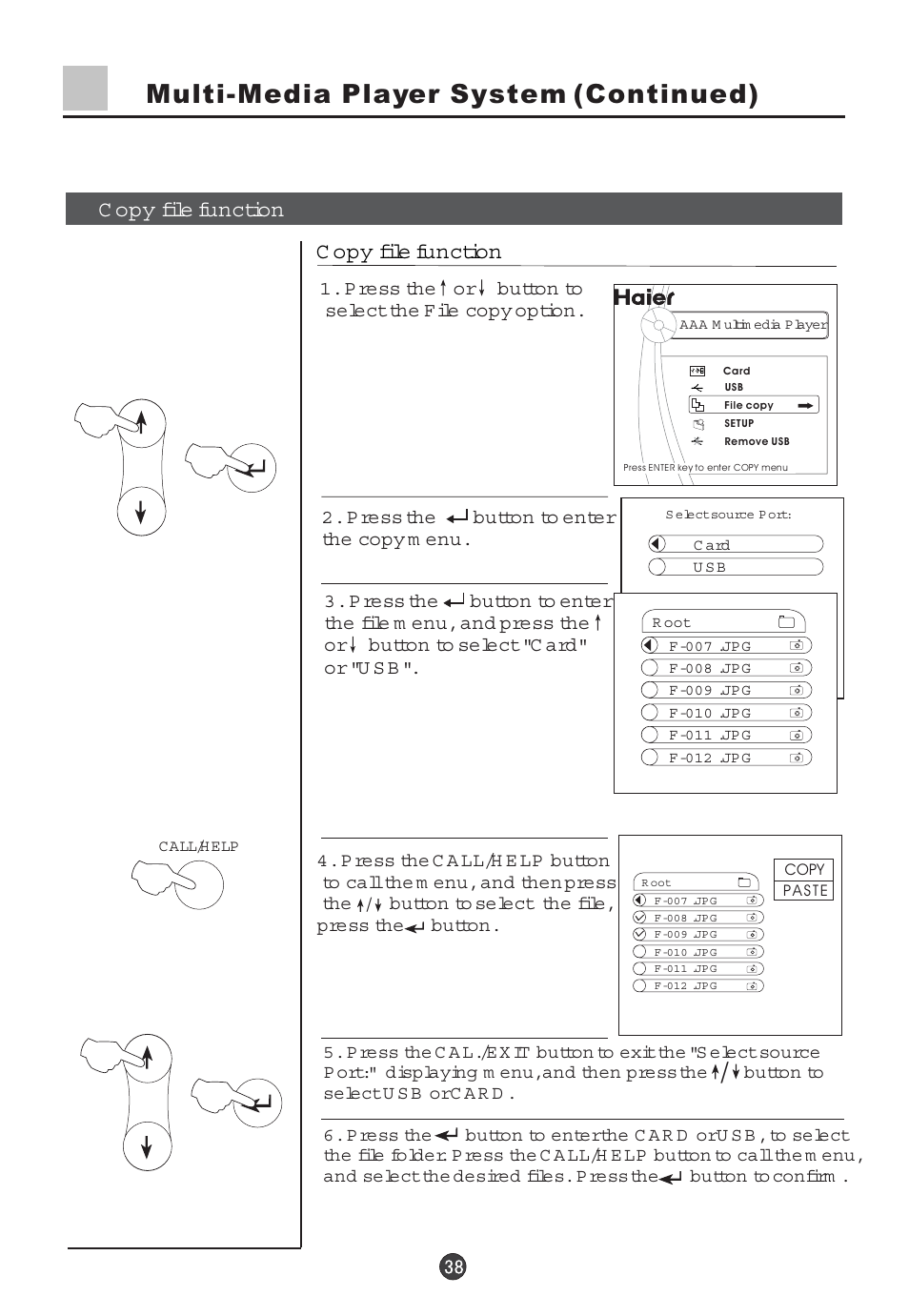 Multi-media player system (continued), C opy file function | haier 29F5D User Manual | Page 39 / 45