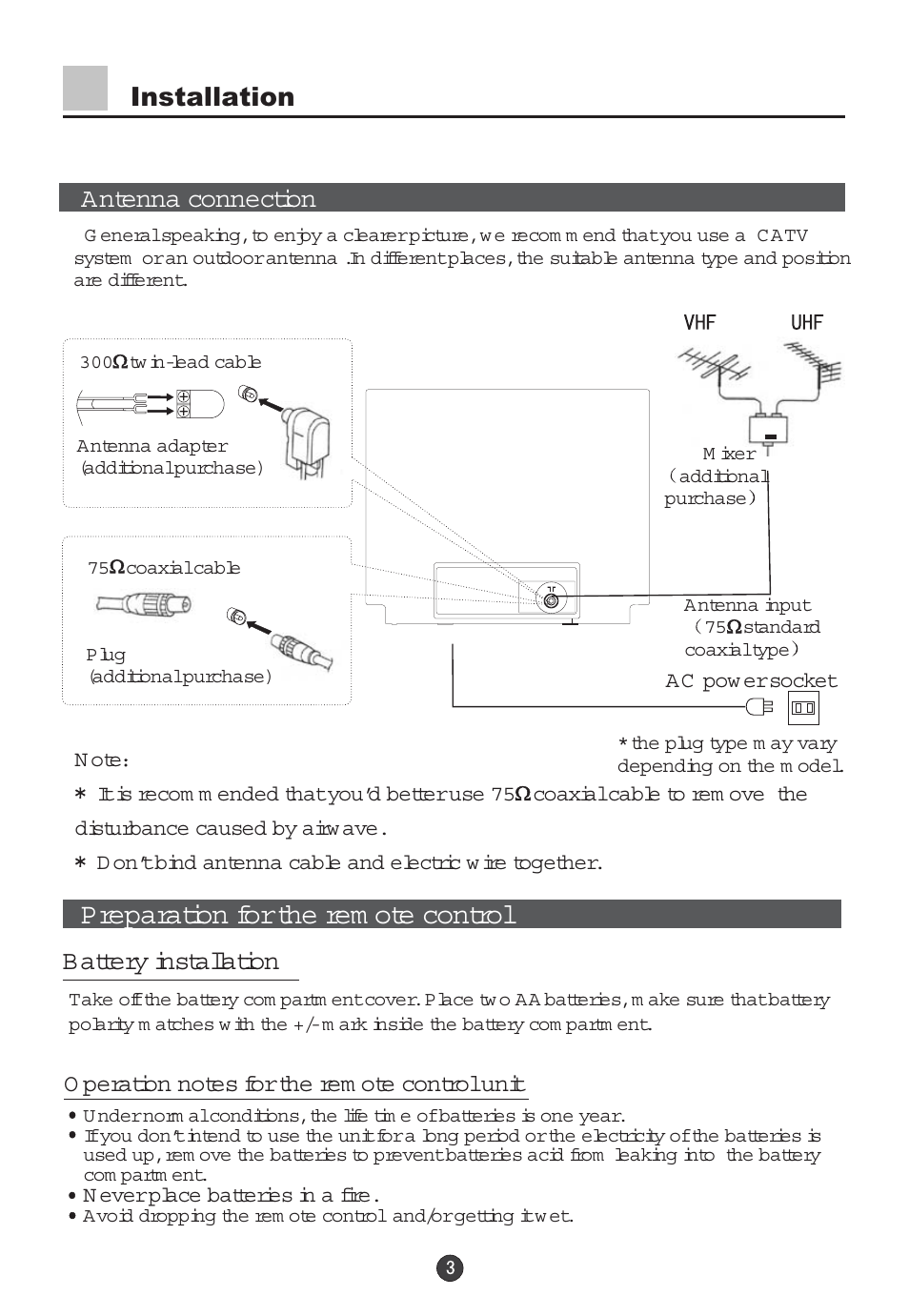 Preparation for the rem ote control, Installation antenna connection, Battery installation | haier 29F5D User Manual | Page 4 / 45