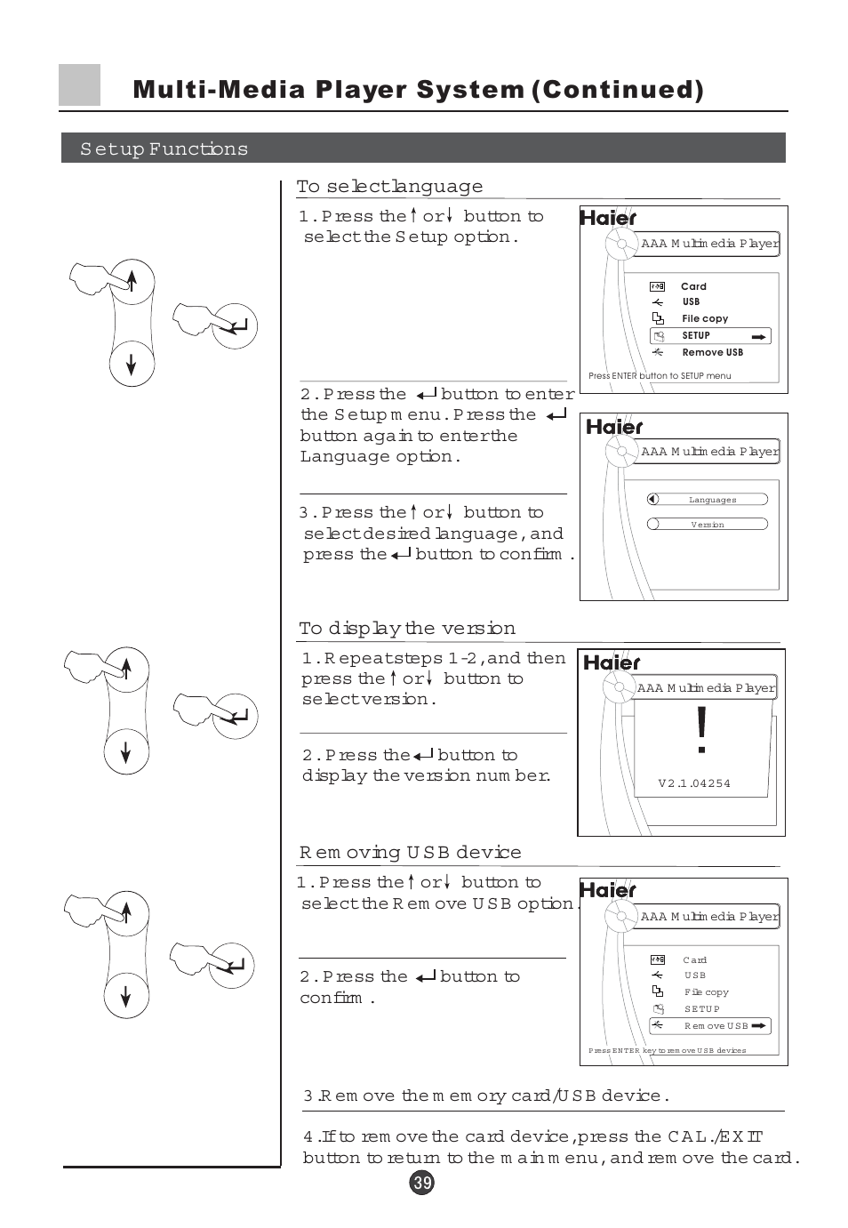 Multi-media player system (continued), S et up functions | haier 29F5D User Manual | Page 40 / 45