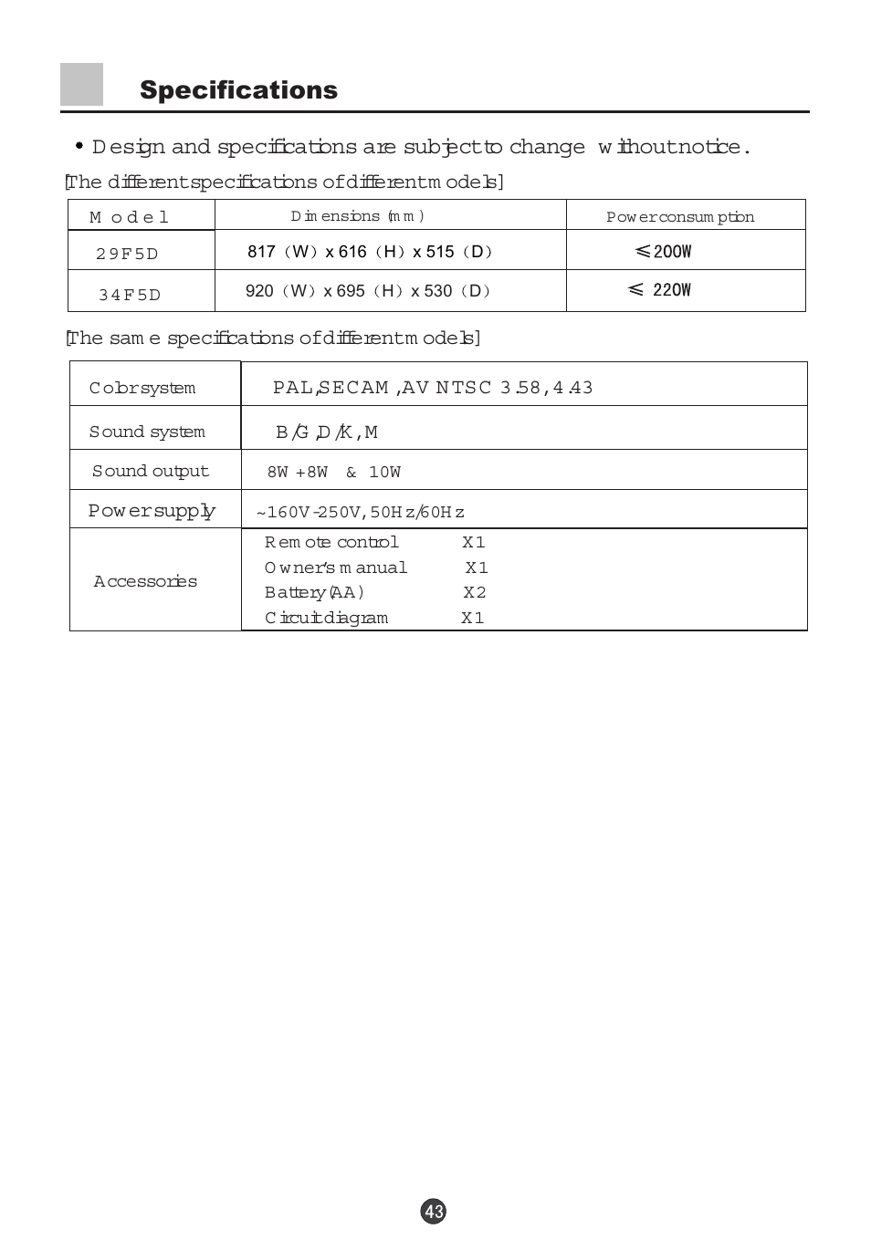 Specifications | haier 29F5D User Manual | Page 44 / 45