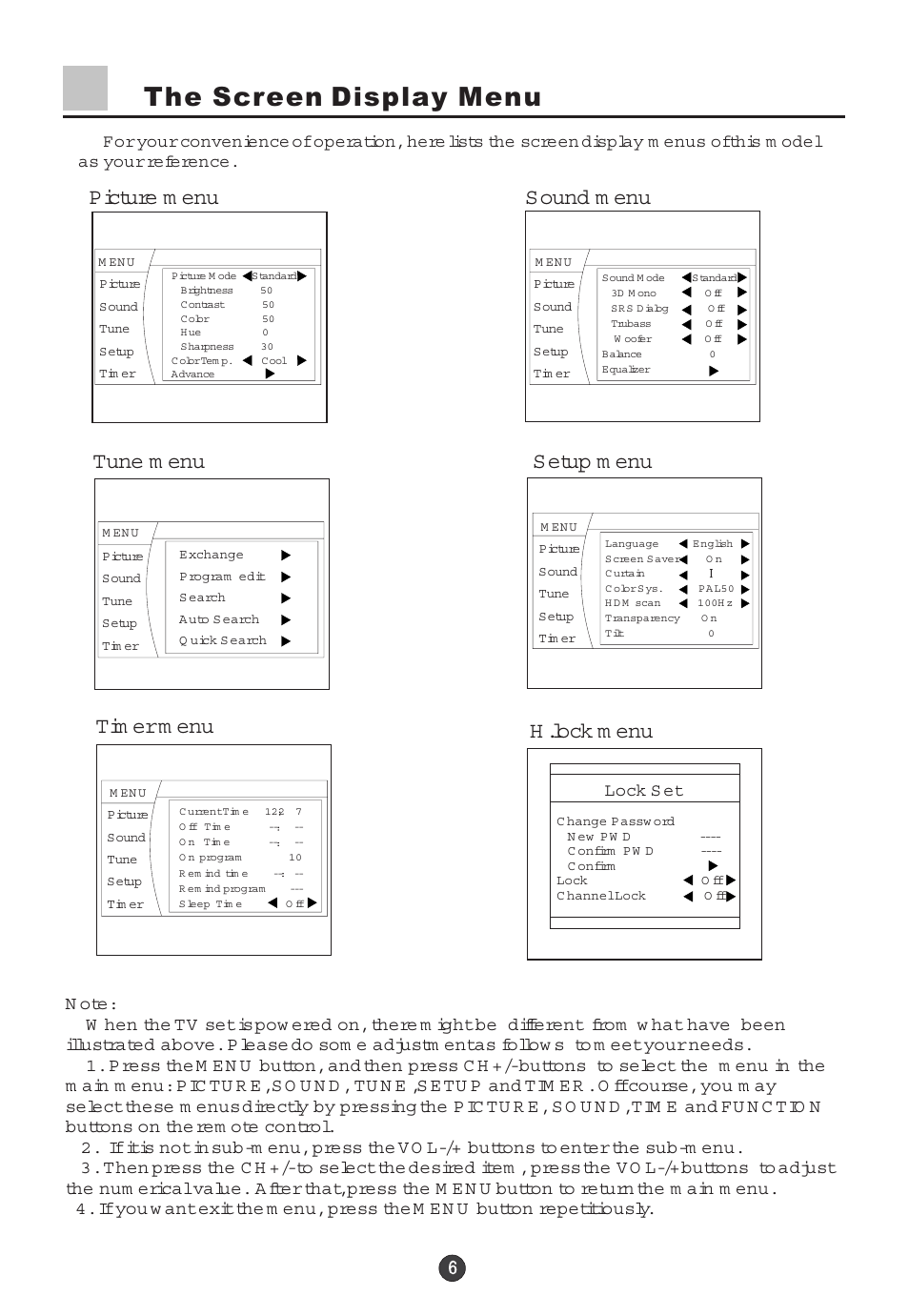 The screen display menu, Lock s et | haier 29F5D User Manual | Page 7 / 45