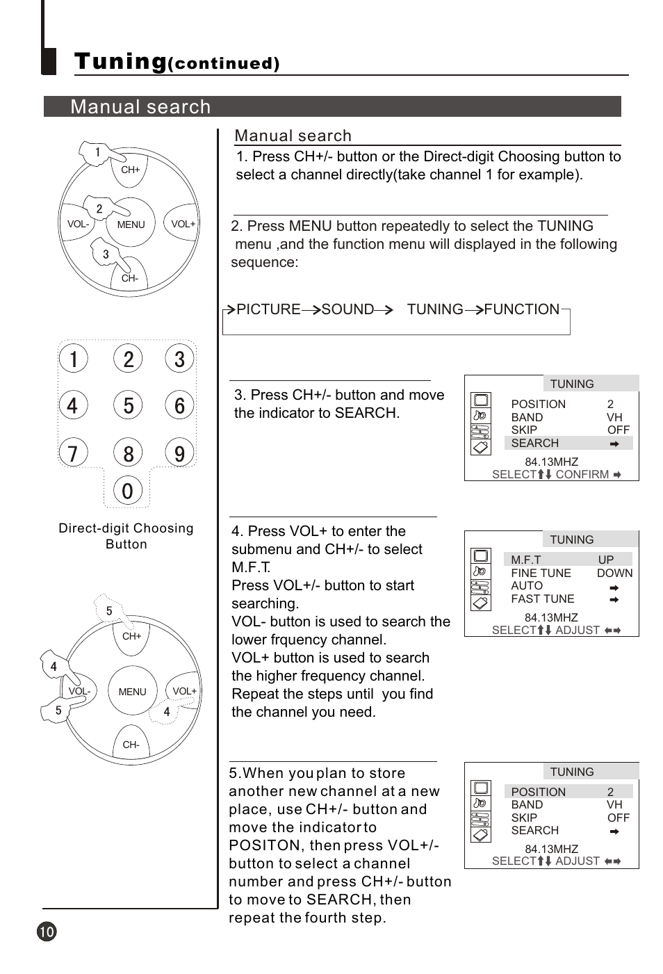 Т³гж 12, Tuning, Manual search | Continued), Direct-digit choosing button | haier 21F3A User Manual | Page 11 / 29