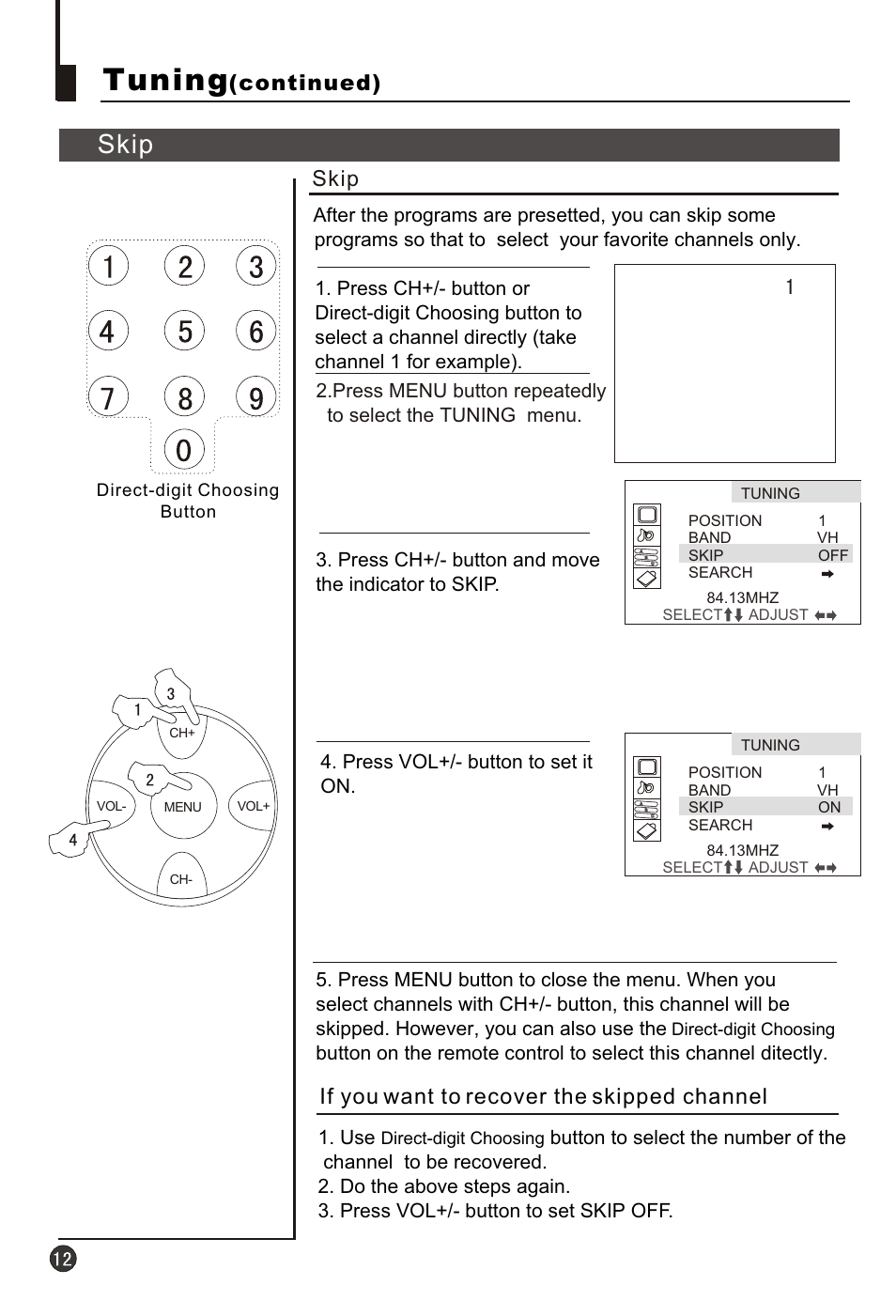 Т³гж 14, Tuning, Skip | Continued), If you want to recover the skipped channel | haier 21F3A User Manual | Page 13 / 29