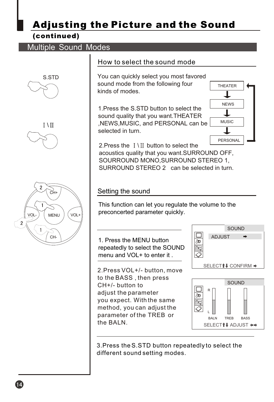 Т³гж 16, Adjusting the picture and the sound, Multiple sound modes | Continued), How to select the sound mode, Setting the sound | haier 21F3A User Manual | Page 15 / 29
