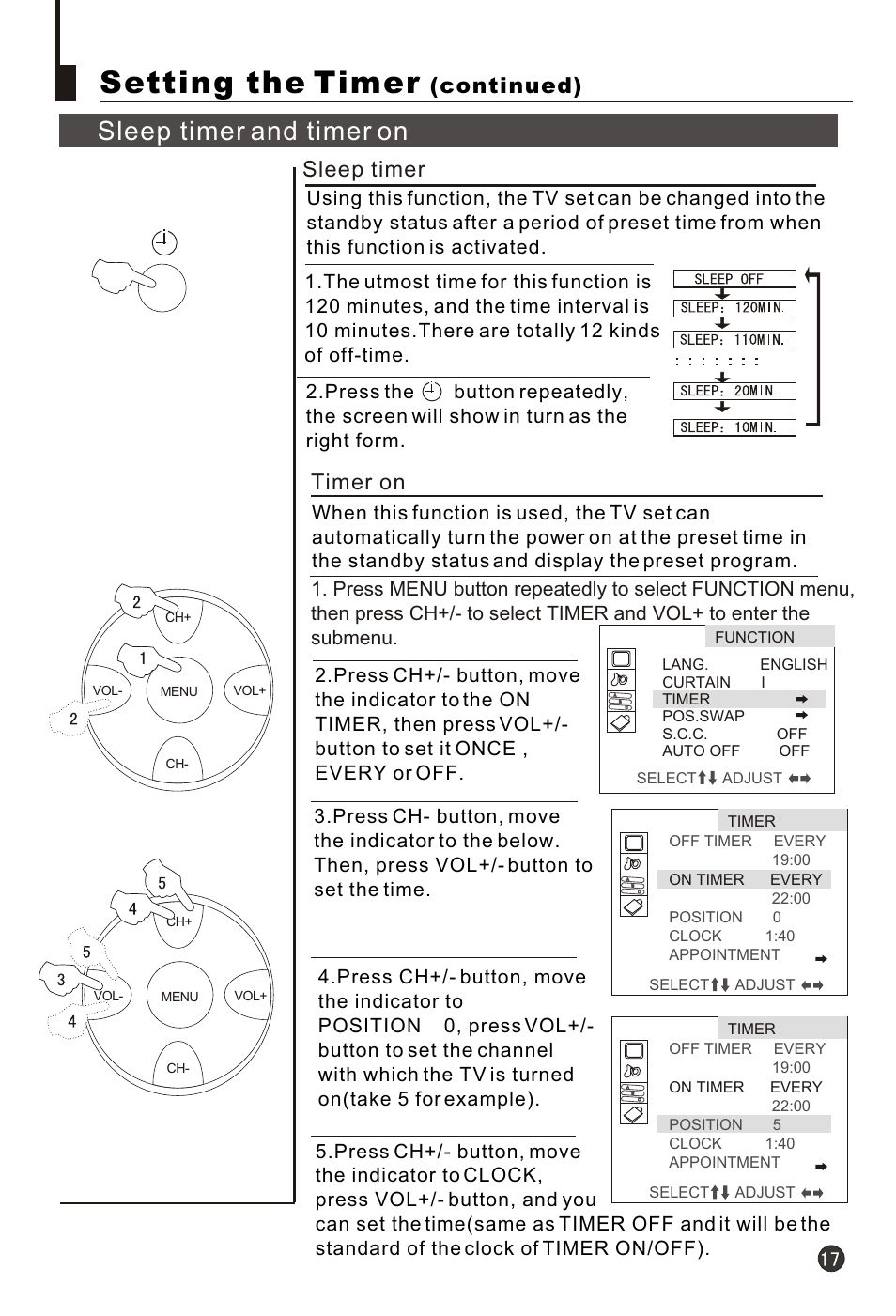 Т³гж 19, Setting the timer, Sleep timer and timer on | Timer on sleep timer, Continued) | haier 21F3A User Manual | Page 18 / 29