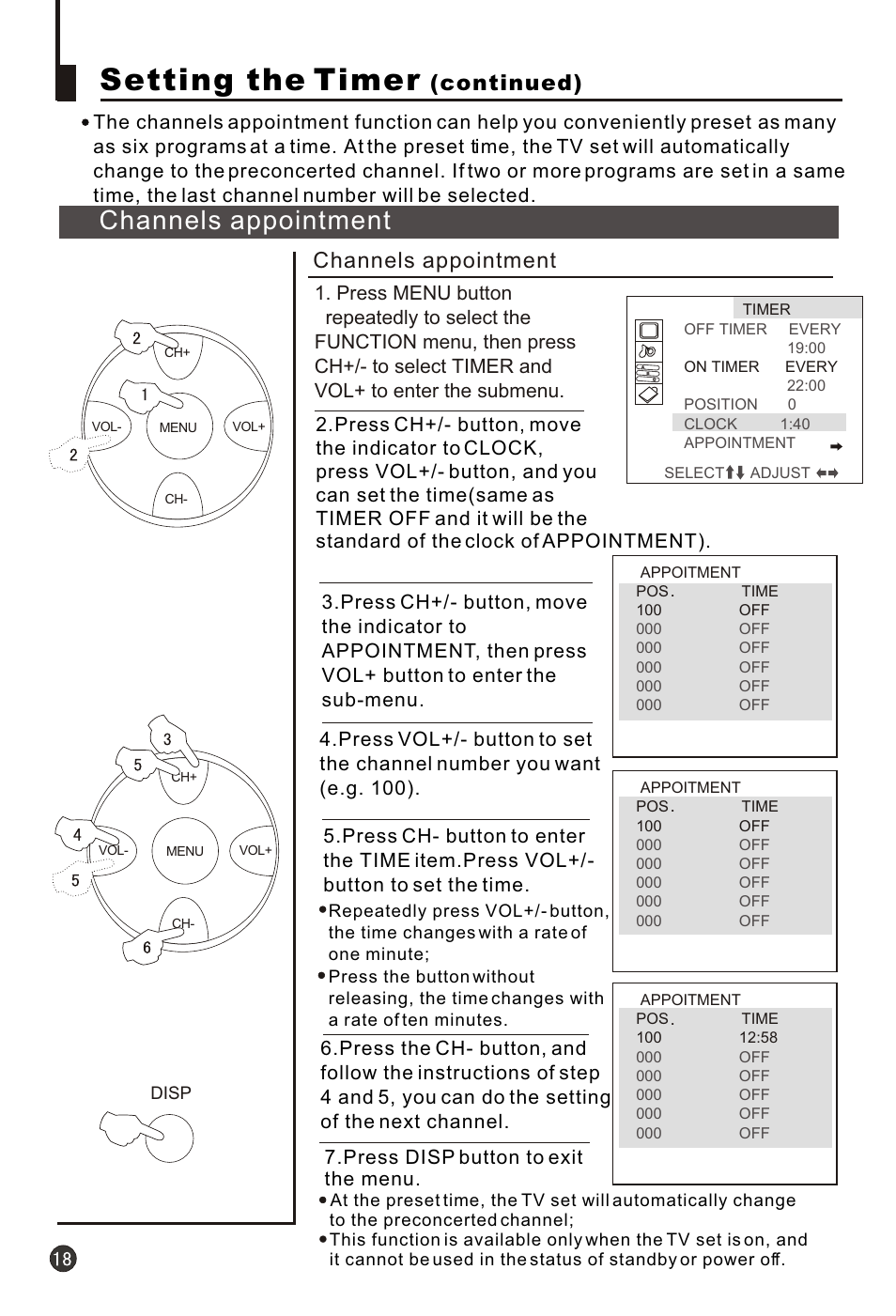 Т³гж 20, Setting the timer, Channels appointment | Continued) | haier 21F3A User Manual | Page 19 / 29
