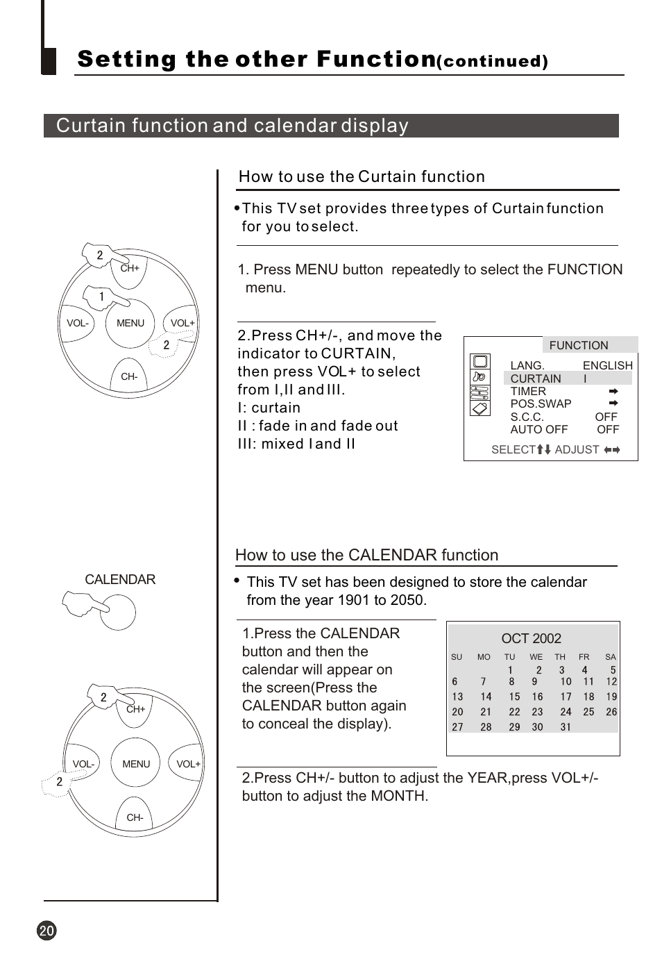 Т³гж 22, Setting the other function, Curtain function and calendar display | How to use the calendar function, Continued), How to use the curtain function, Calendar, Oct 2002 | haier 21F3A User Manual | Page 21 / 29
