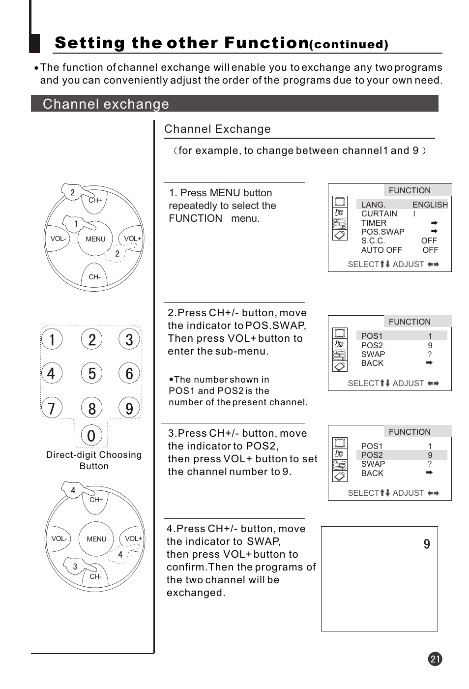 Т³гж 23, Setting the other function, Channel exchange | Continued), For example, to change between channel1 and 9, Direct-digit choosing button | haier 21F3A User Manual | Page 22 / 29