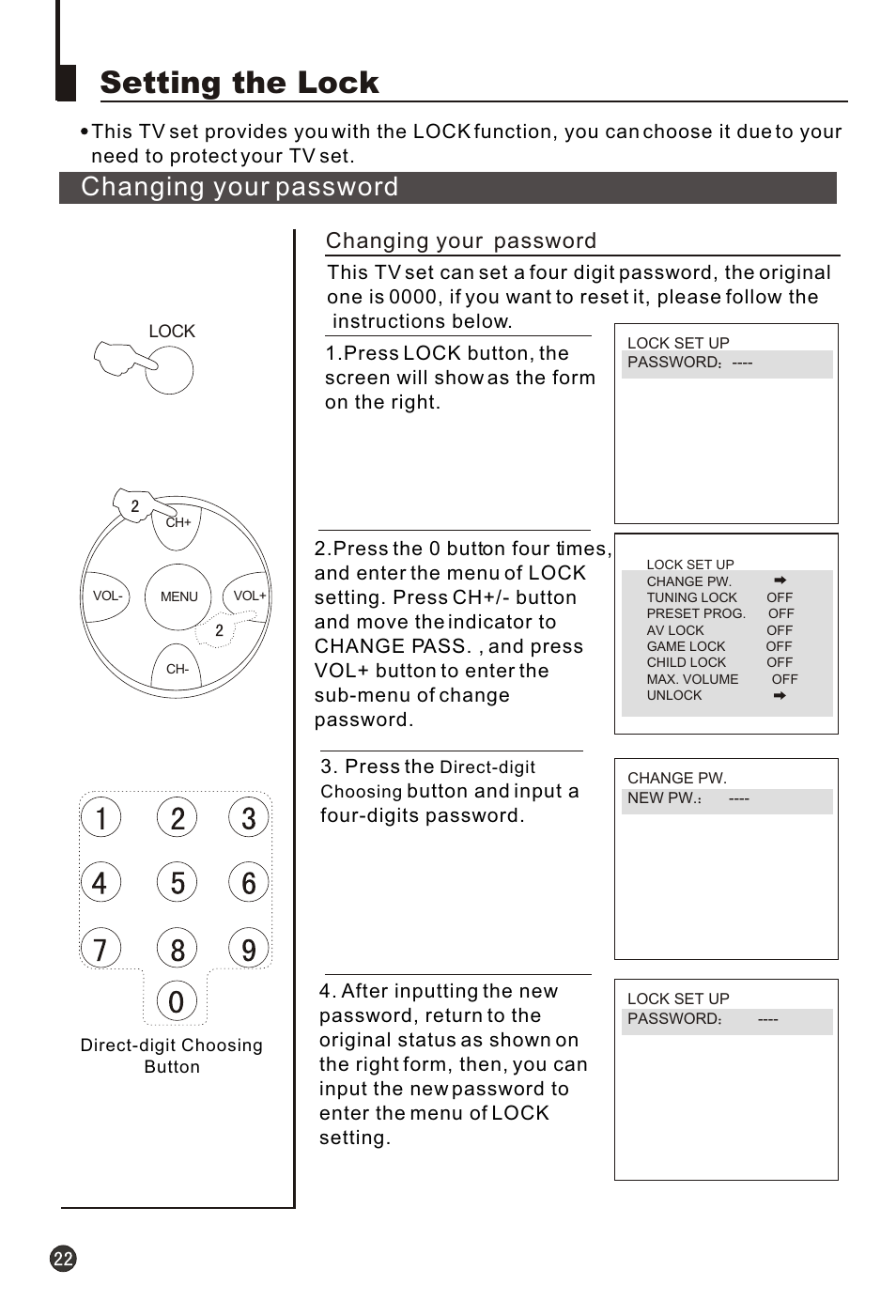 Т³гж 24, Setting the lock, Changing your password | haier 21F3A User Manual | Page 23 / 29