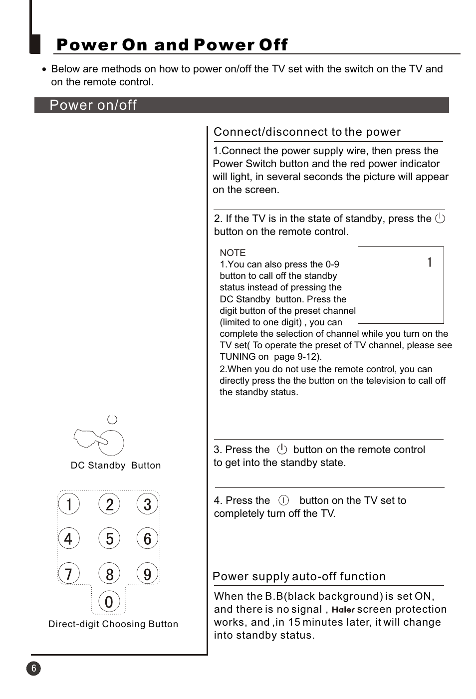 Т³гж 8, Power on and power off, Power on/off | haier 21F3A User Manual | Page 7 / 29
