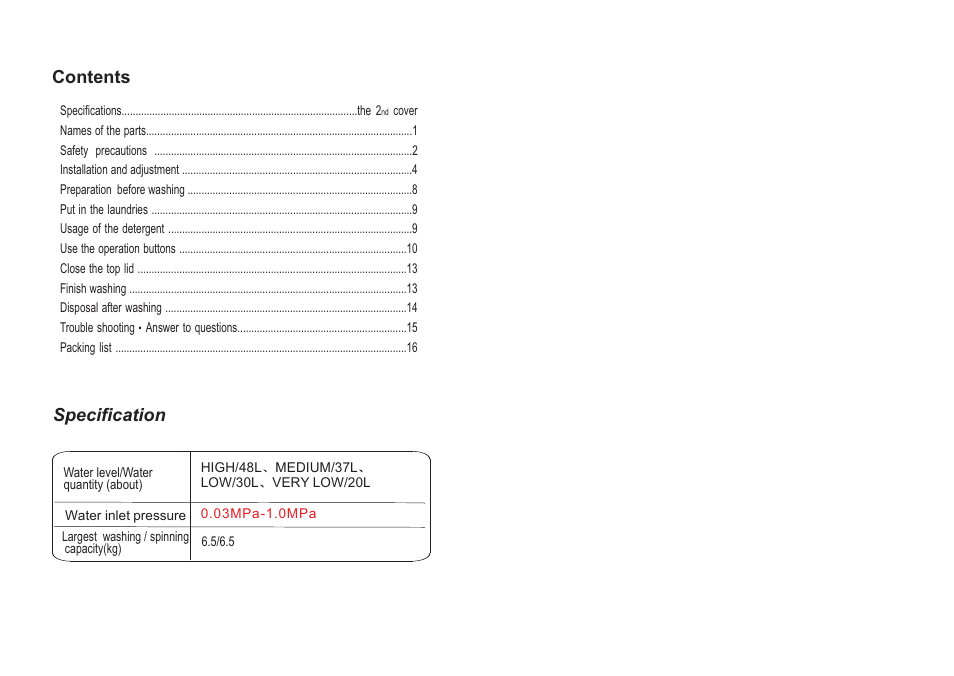 Specification contents | haier HWM6802 User Manual | Page 2 / 9