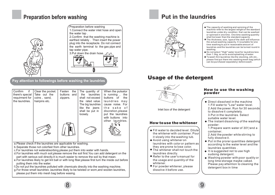 Preparation before washing, Put in the laundries, Usage of the detergent | haier HWM6802 User Manual | Page 9 / 9