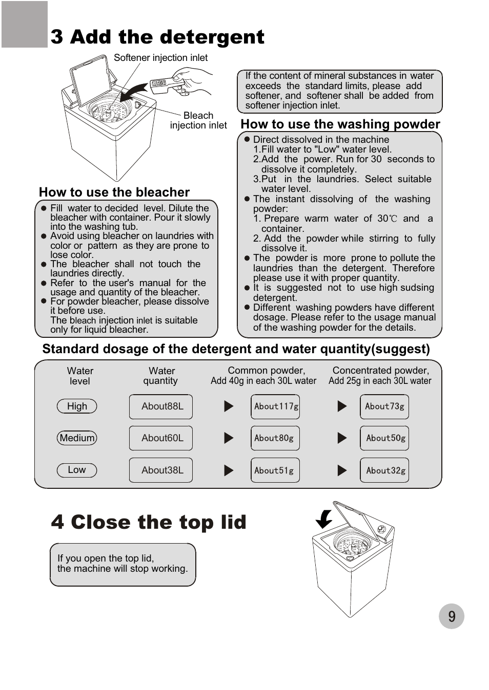 4 close the top lid 3 add the detergent | haier XQJ100-96 User Manual | Page 12 / 16
