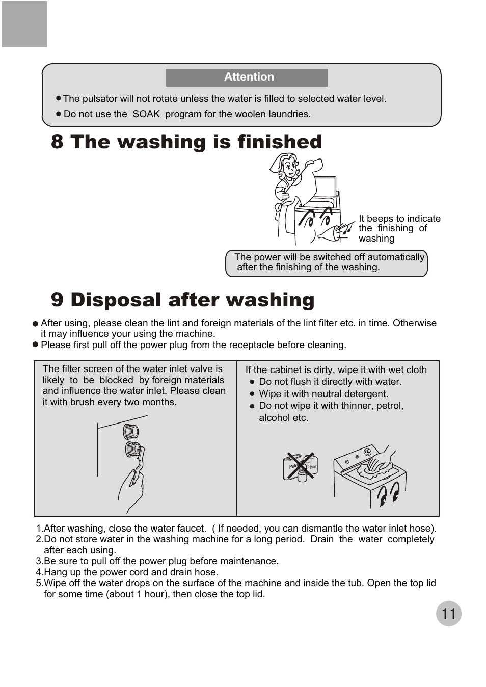 9 disposal after washing, 8 the washing is finished | haier XQJ100-96 User Manual | Page 14 / 16
