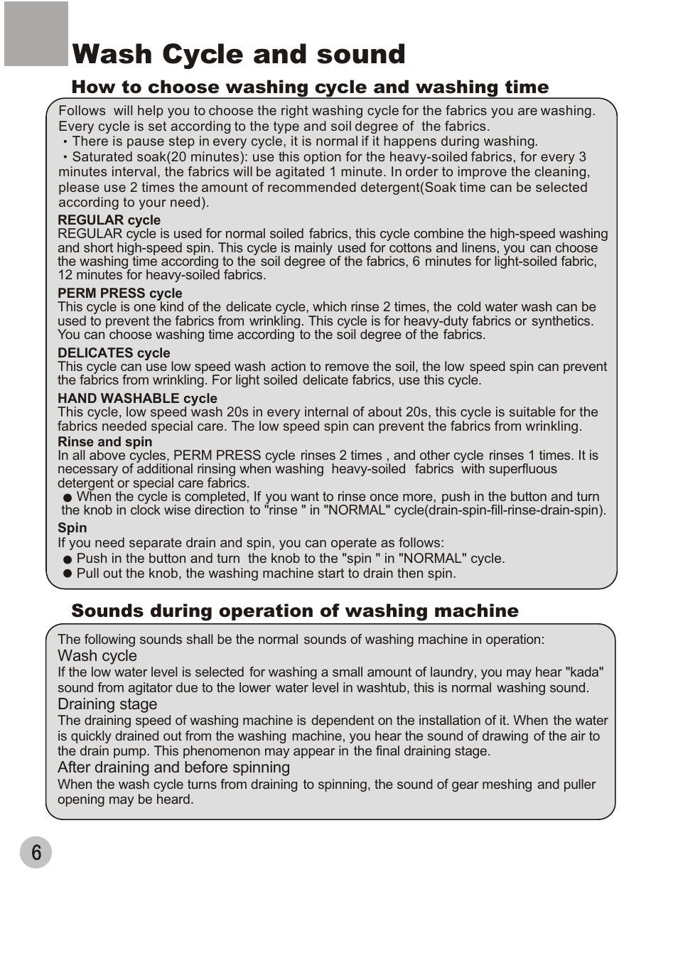 Wash cycle and sound | haier XQJ100-96 User Manual | Page 9 / 16