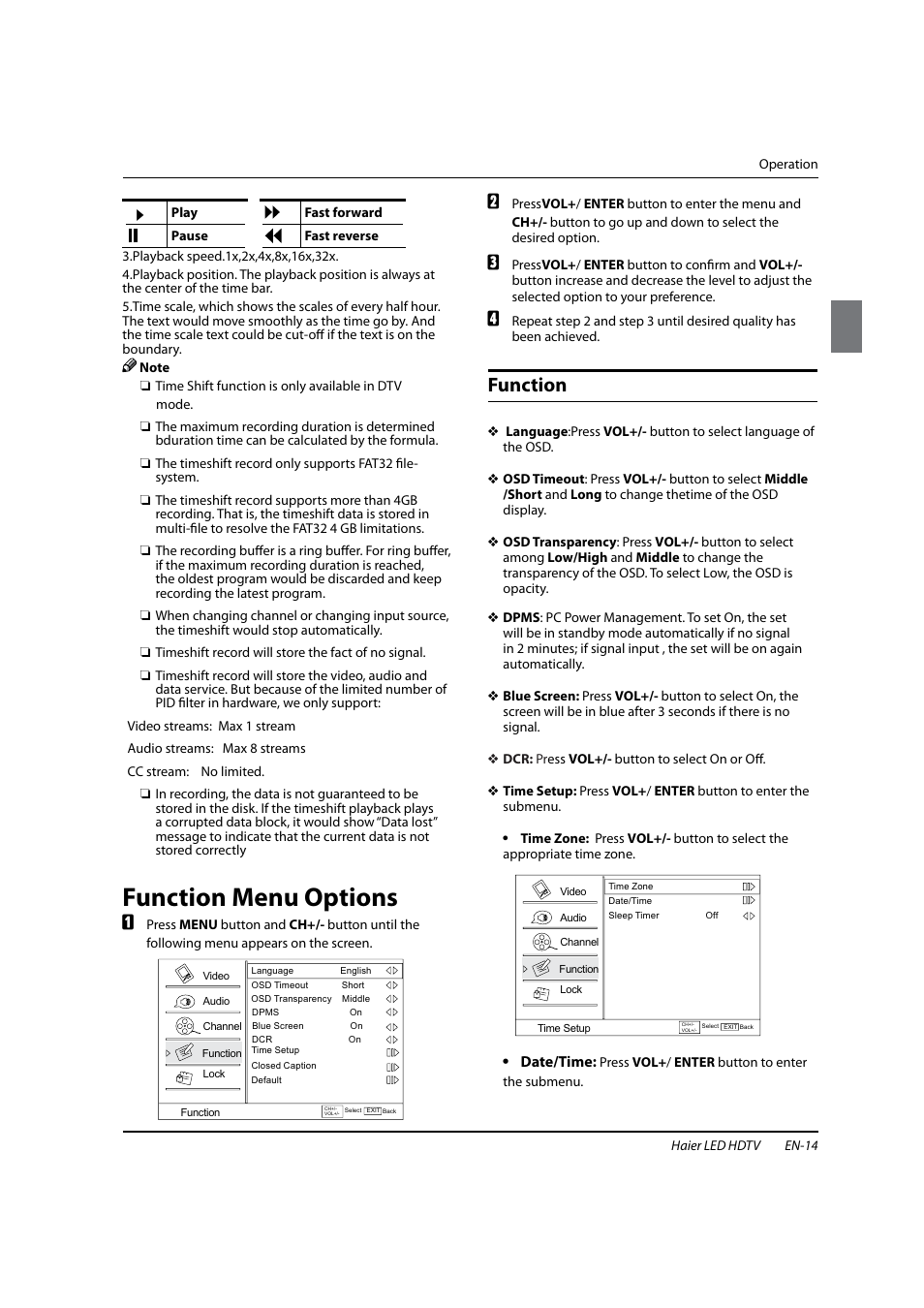 Function menu options, Function | haier HL22XSL2 User Manual | Page 15 / 24