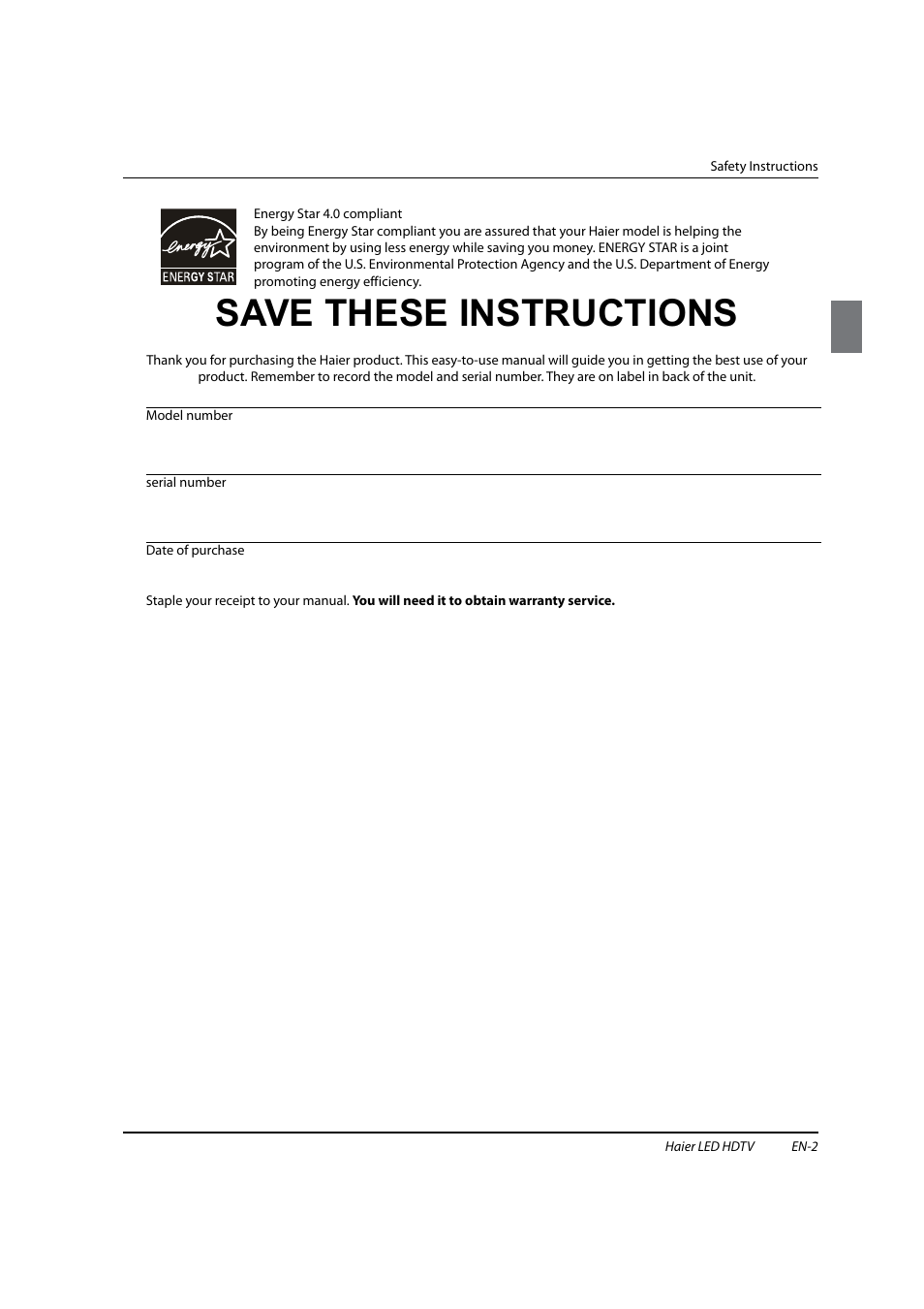 Save these instructions | haier HL22XSL2 User Manual | Page 3 / 24