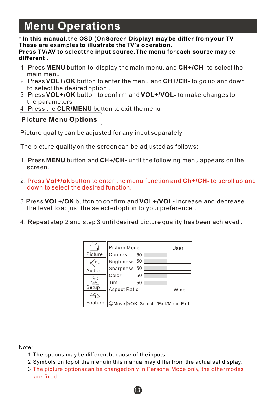 Т³гж 18, Menu operations, Picture menu options | haier HLC22E User Manual | Page 18 / 43