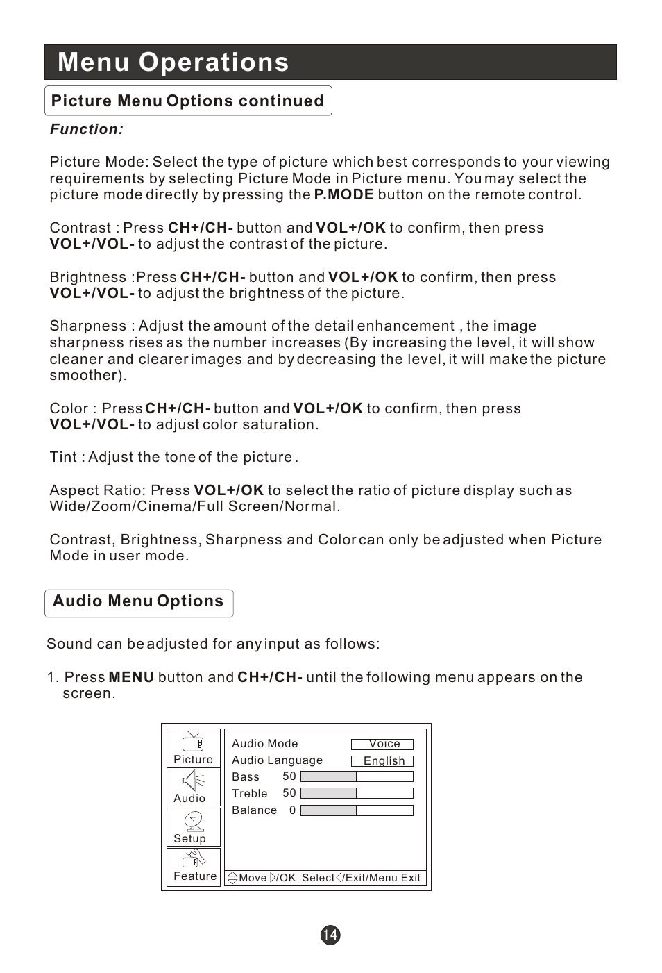 Т³гж 19, Menu operations, Picture menu options continued audio menu options | haier HLC22E User Manual | Page 19 / 43