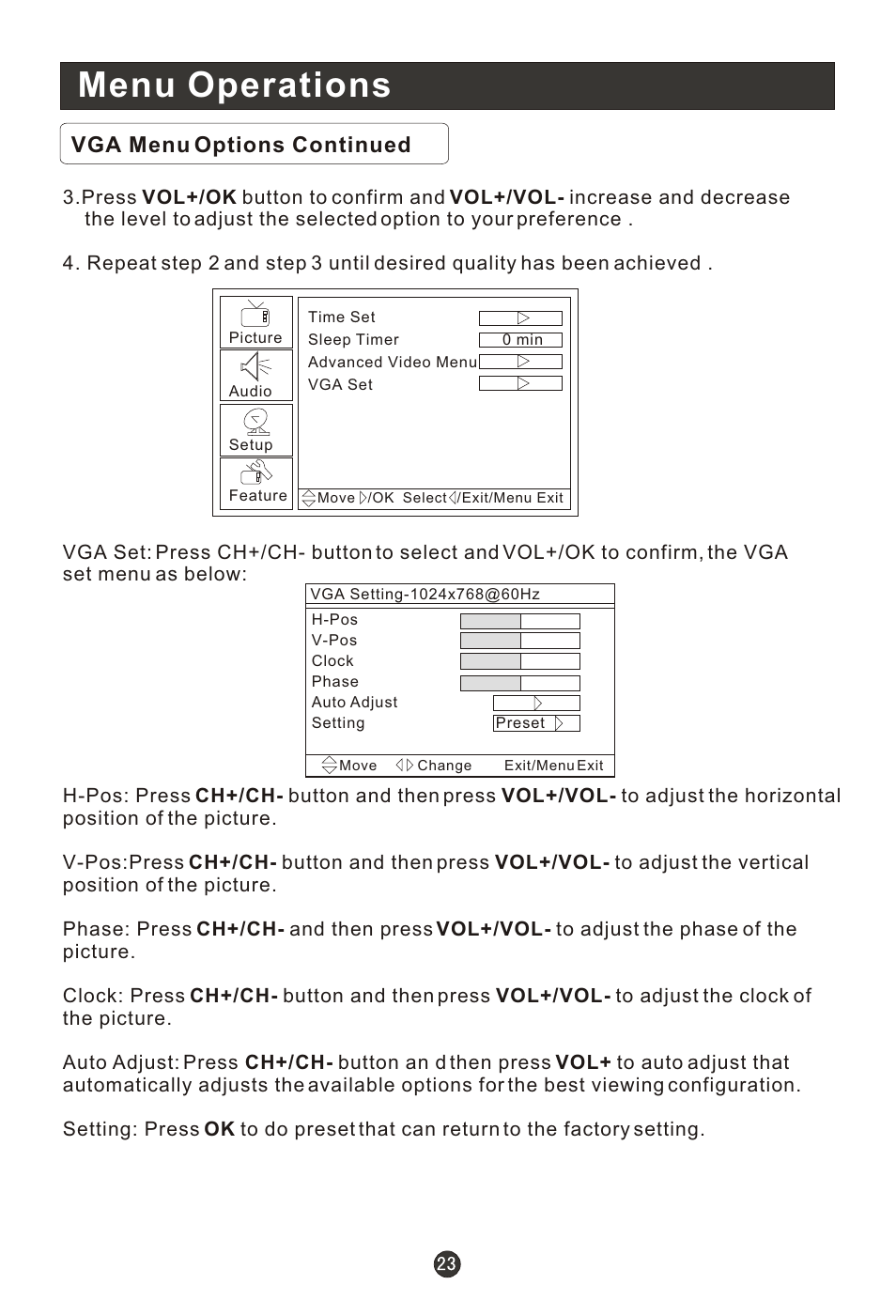 Т³гж 28, Menu operations, Vga menu options continued | haier HLC22E User Manual | Page 28 / 43