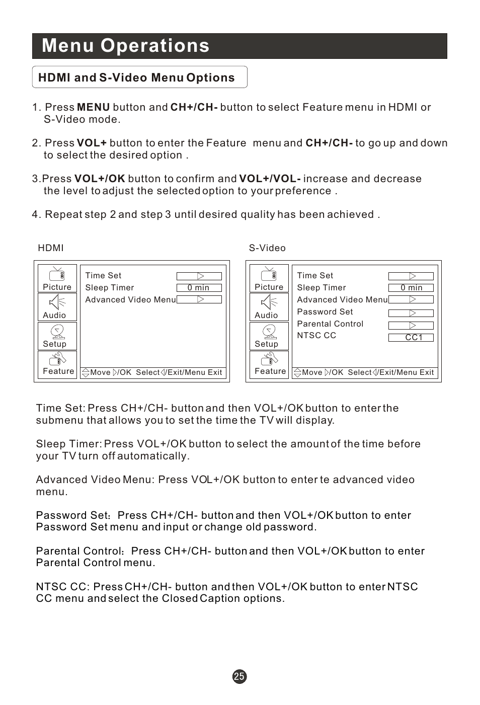 Т³гж 30, Menu operations, Hdmi and s-video menu options | haier HLC22E User Manual | Page 30 / 43
