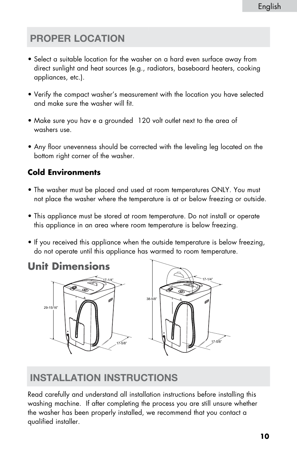 Unit dimensions, Proper location, Installation instructions | Cold environments, English | haier WD-9999-14 User Manual | Page 11 / 28