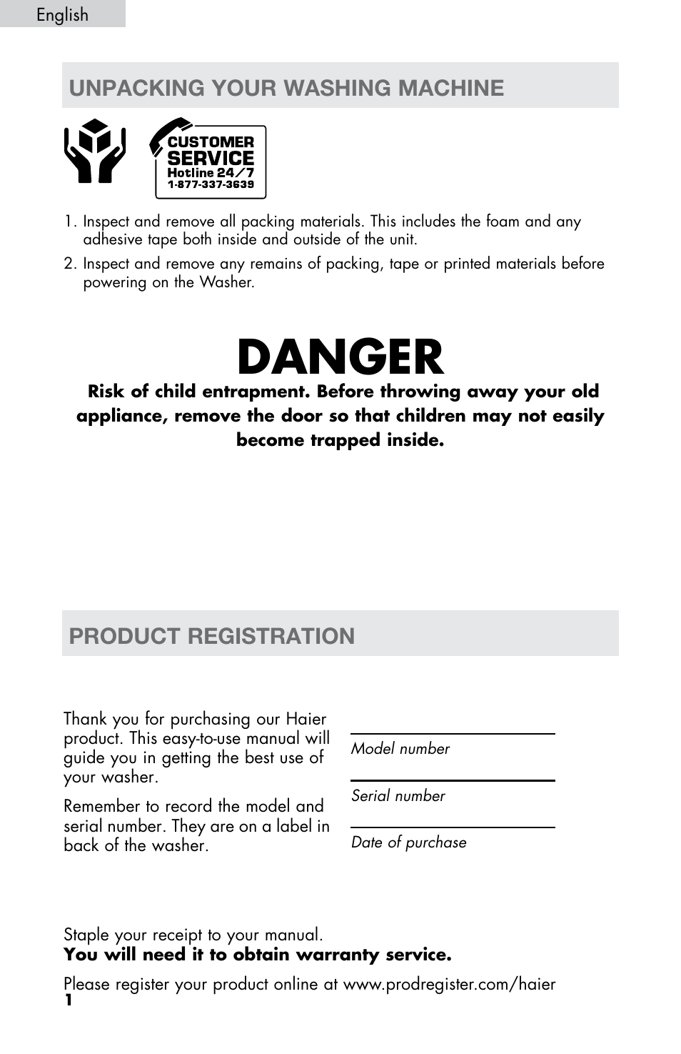 Danger, Unpacking your washing machine, Product registration | haier WD-9999-14 User Manual | Page 2 / 28