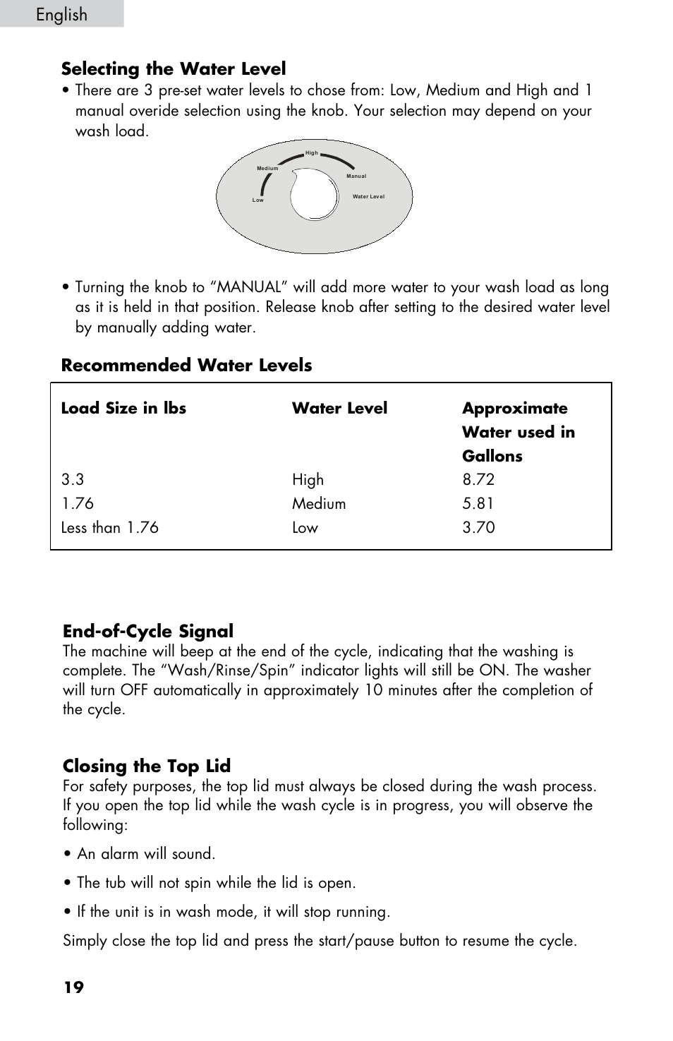 End-of-cycle signal, Closing the top lid, Selecting the water level | Recommended water levels, English | haier WD-9999-14 User Manual | Page 20 / 28