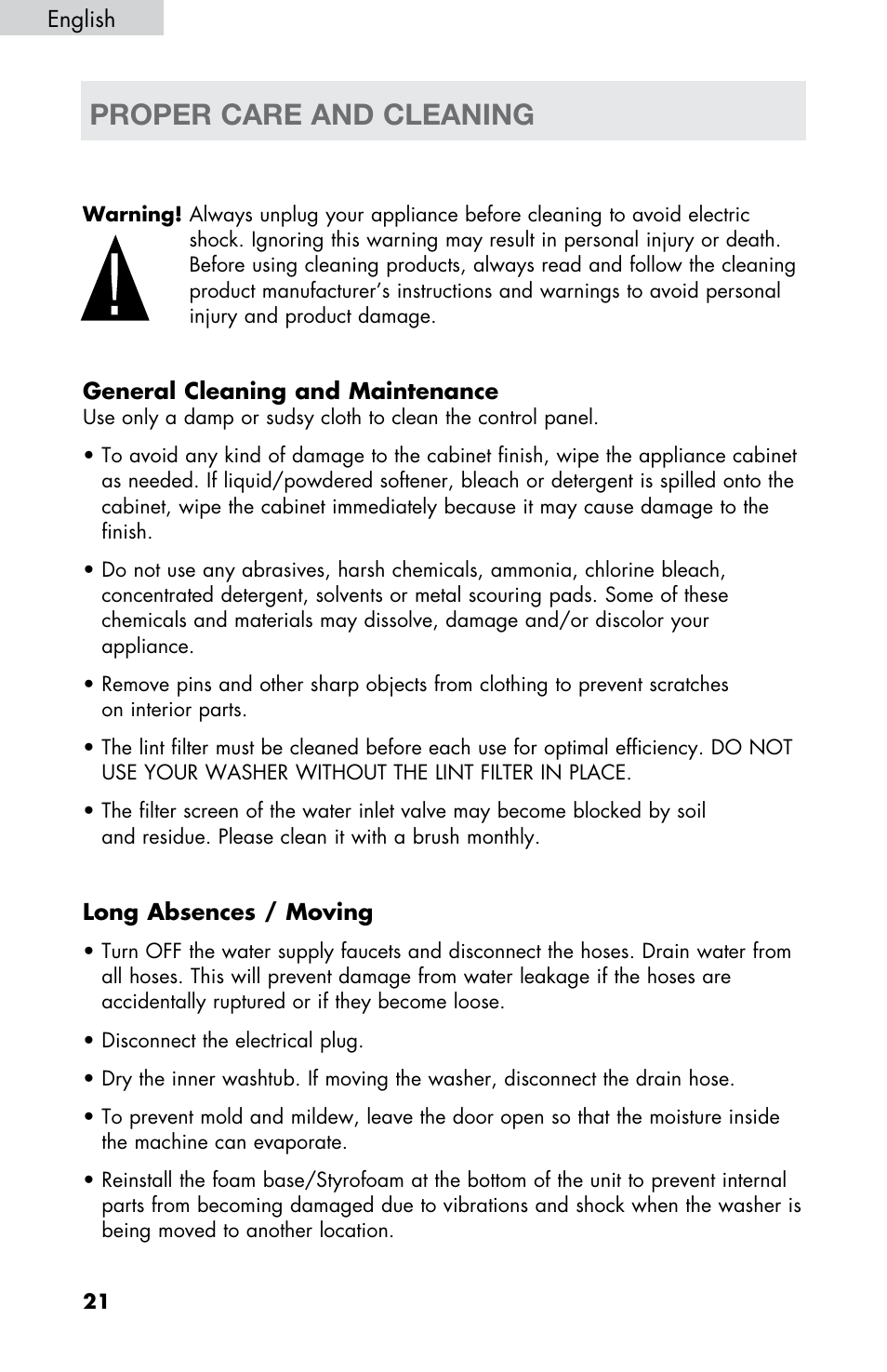 Warning, Proper care and cleaning | haier WD-9999-14 User Manual | Page 22 / 28