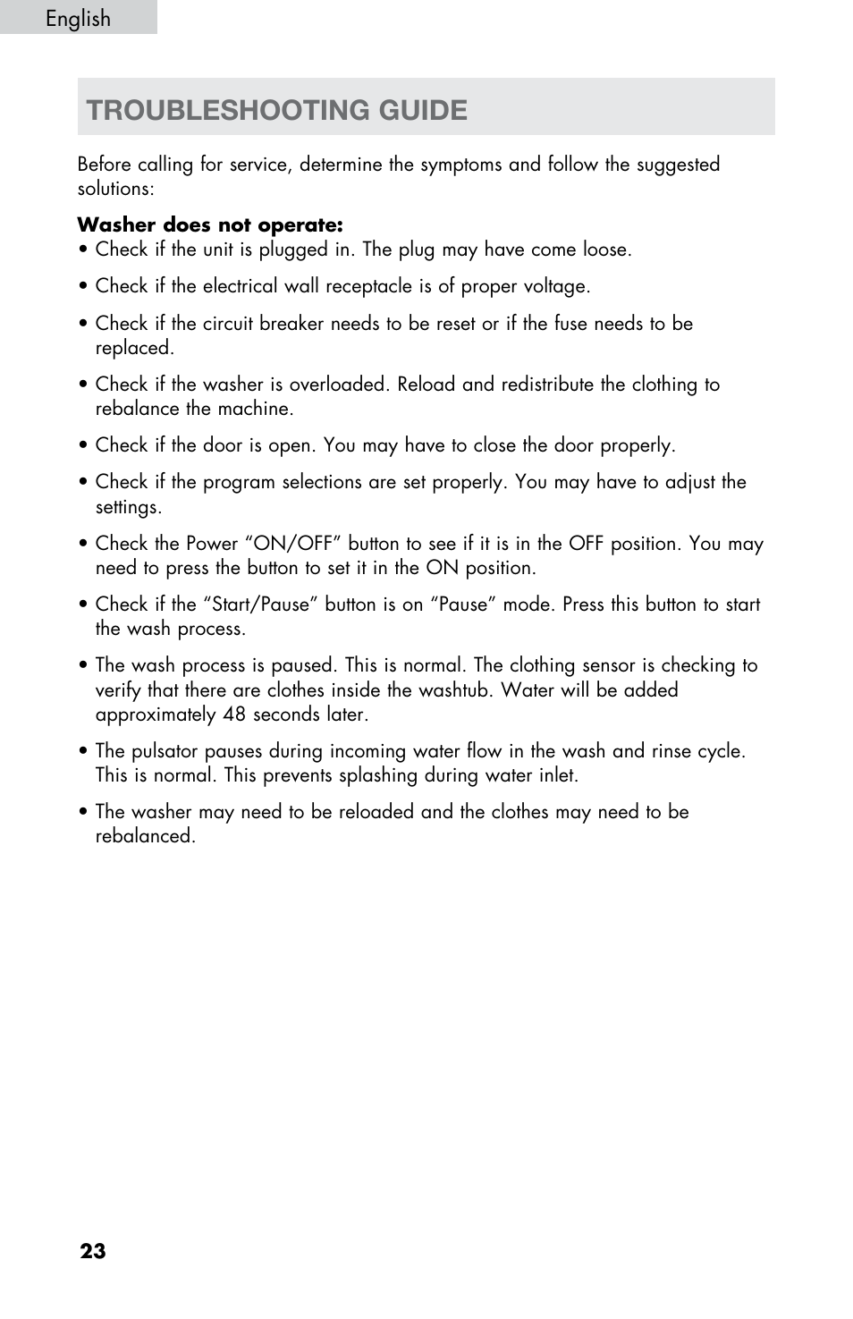 Troubleshooting guide | haier WD-9999-14 User Manual | Page 24 / 28