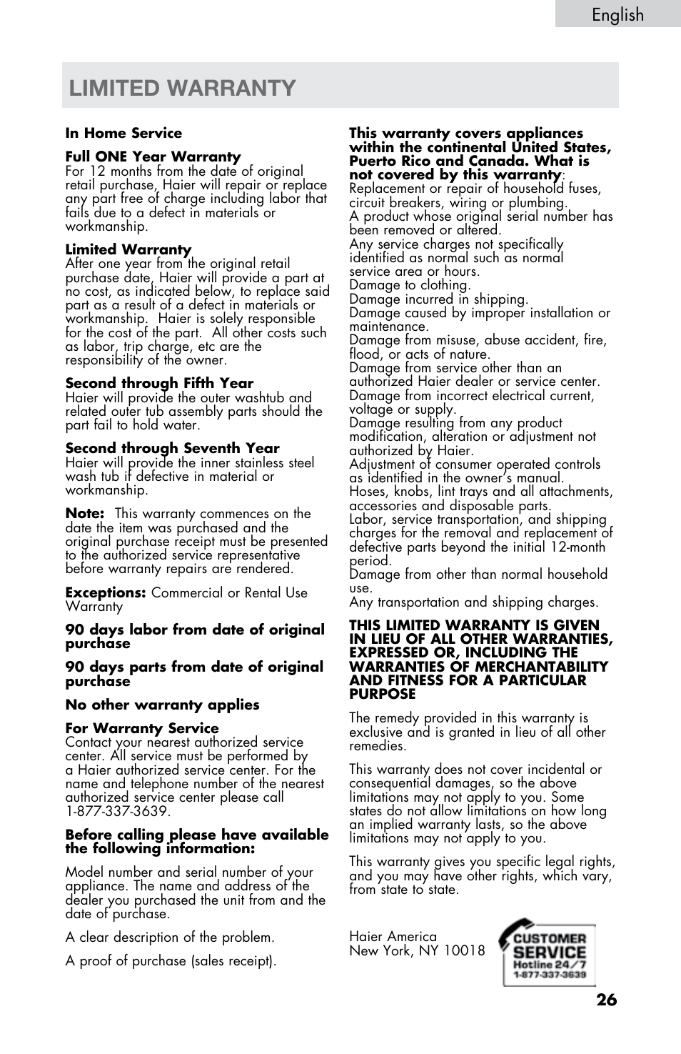Limited warranty, English | haier WD-9999-14 User Manual | Page 27 / 28