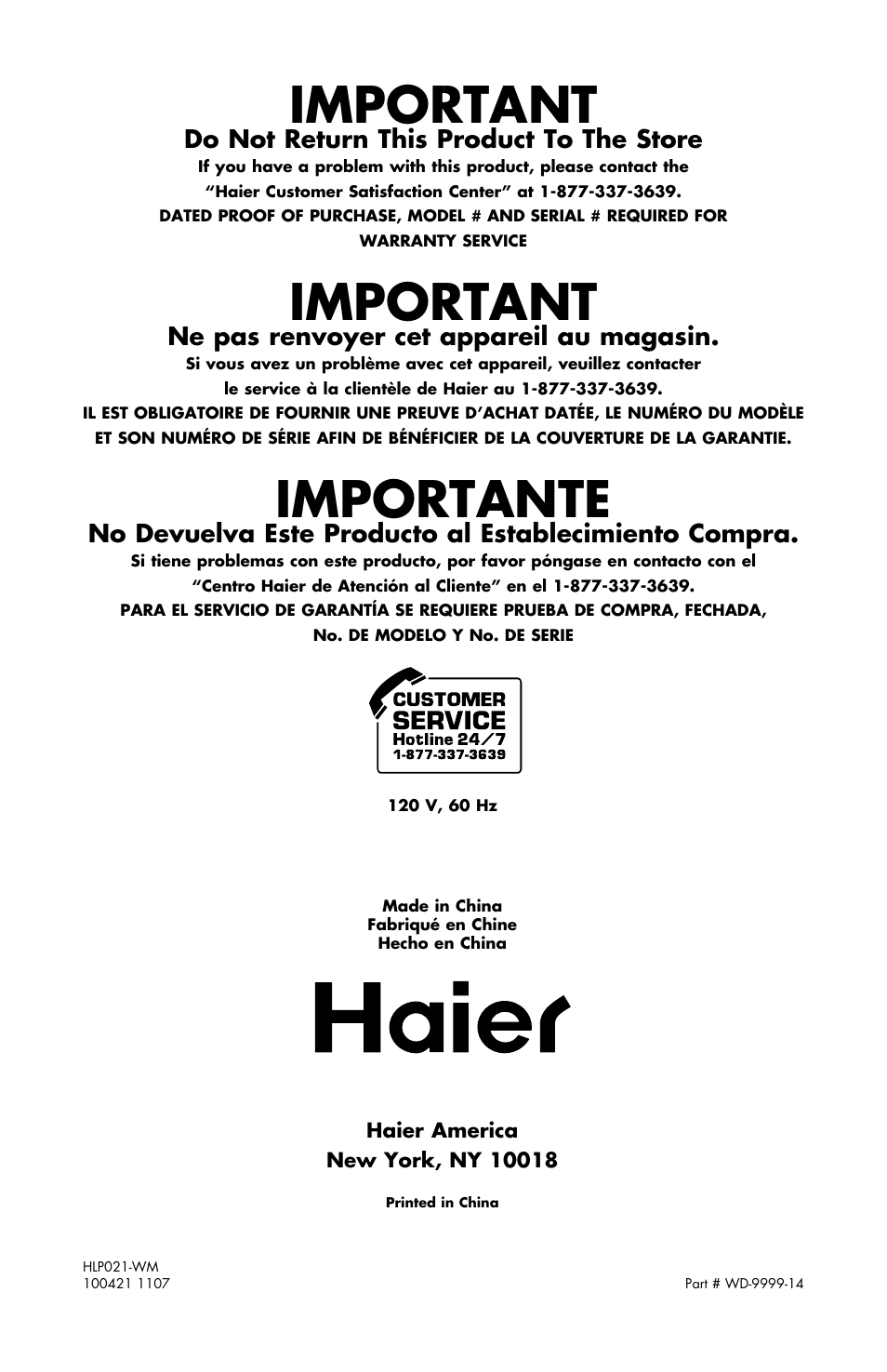 Important, Importante, Do not return this product to the store | Ne pas renvoyer cet appareil au magasin | haier WD-9999-14 User Manual | Page 28 / 28