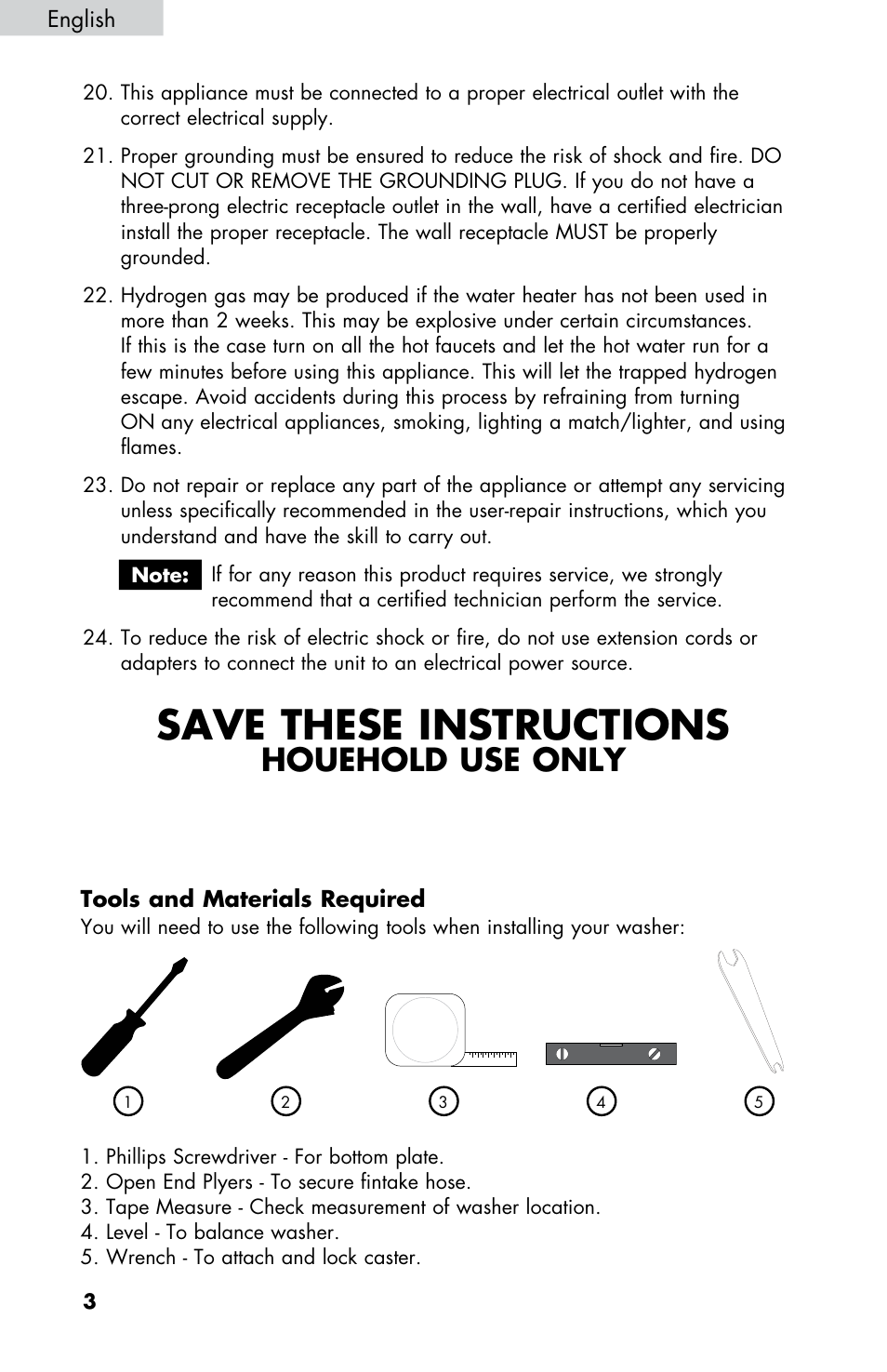 Save these instructions, Houehold use only | haier WD-9999-14 User Manual | Page 4 / 28