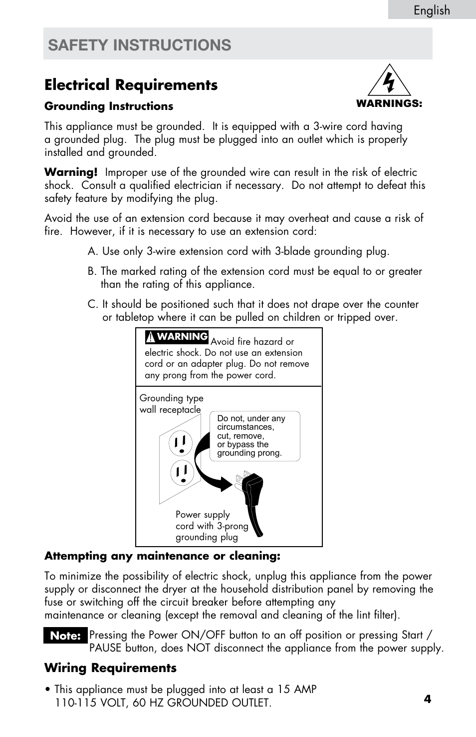 Safety instructions, Electrical requirements, English | Wiring requirements | haier WD-9999-14 User Manual | Page 5 / 28