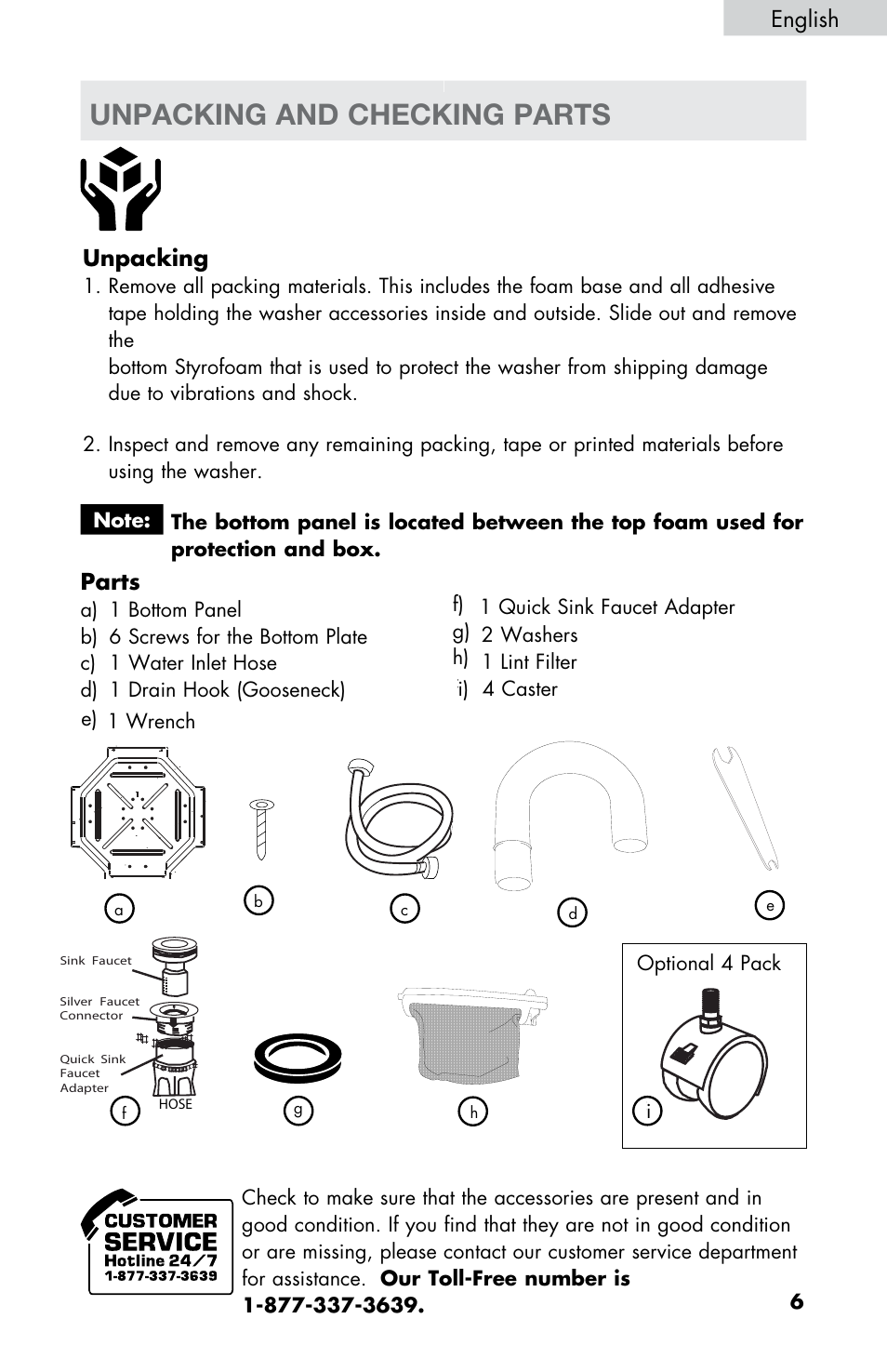 Unpacking and checking parts, Unpacking, English | Parts | haier WD-9999-14 User Manual | Page 7 / 28
