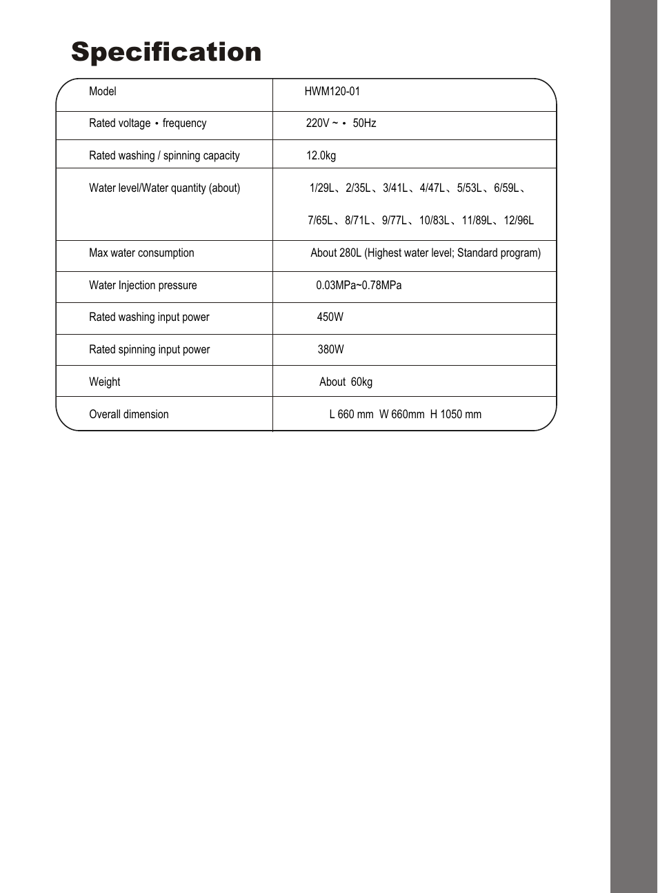 Specification | haier DWE-3120A User Manual | Page 20 / 20