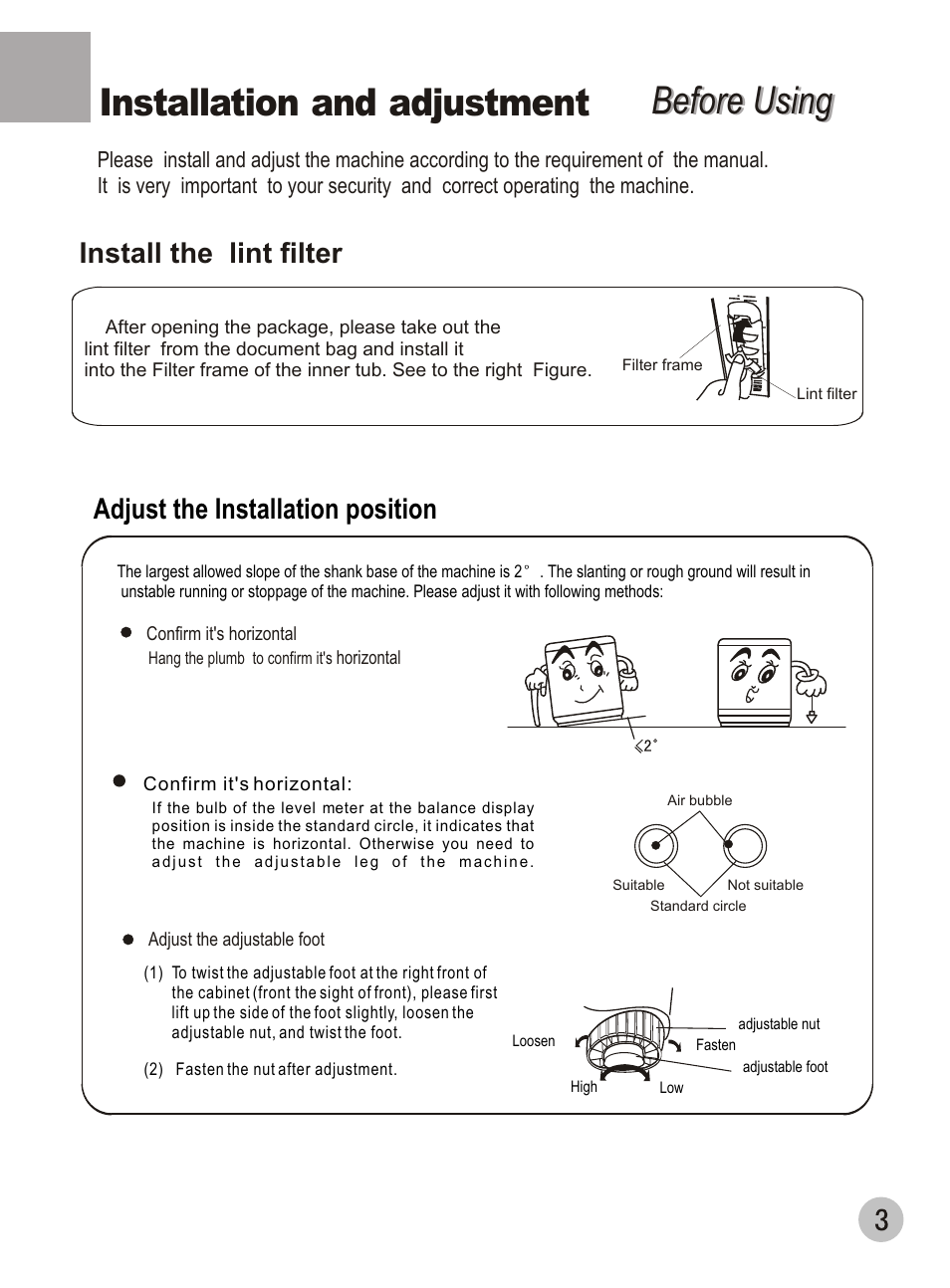 Before using, Before using installation and adjustment, Install the lint filter | Adjust the installation position | haier DWE-3120A User Manual | Page 5 / 20