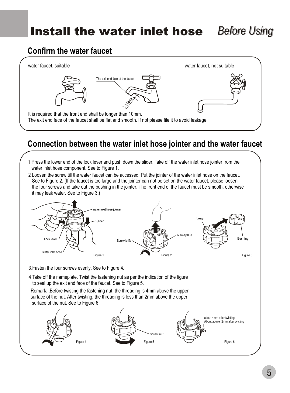 Before using, Before using install the water inlet hose | haier DWE-3120A User Manual | Page 7 / 20