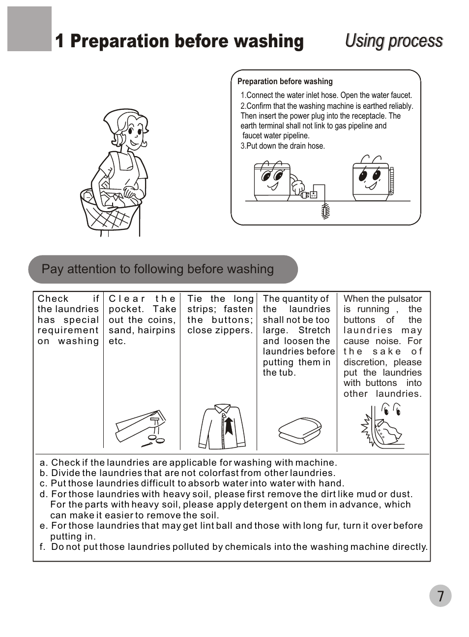 Using process, Using process 1 preparation before washing, Pay attention to following before washing | haier DWE-3120A User Manual | Page 9 / 20