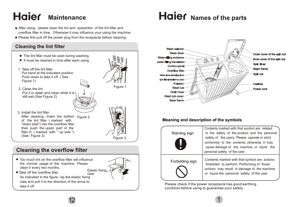 Т³гж 3, Ï ´ º у ´ ¦ а н, Maintenance | Names of the parts | haier AWT-80LI User Manual | Page 3 / 8