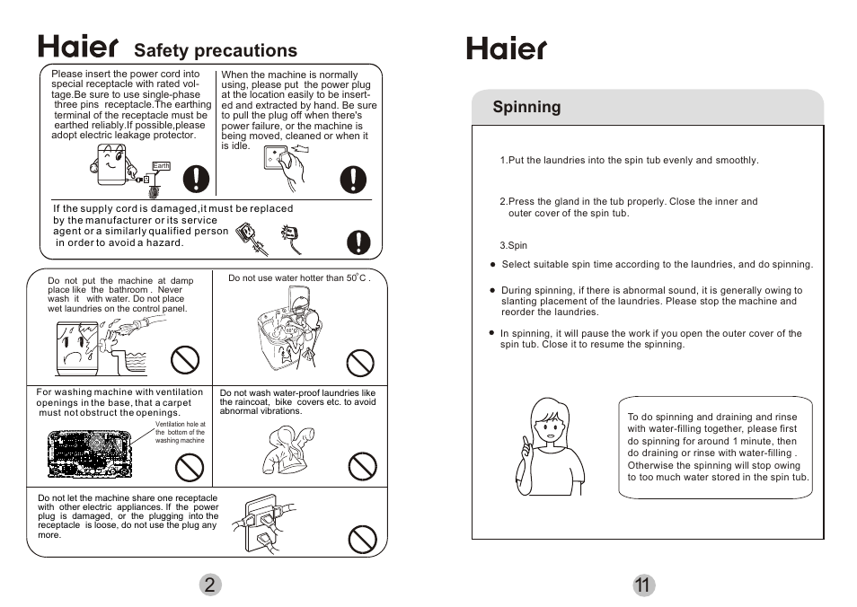 Т³гж 4, Safety precautions, Spinning | haier AWT-80LI User Manual | Page 4 / 8