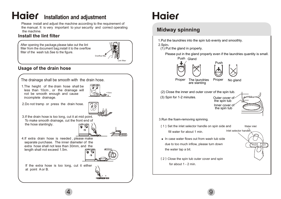 Т³гж 6, Installation and adjustment, Midway spinning | Usage of the drain hose, Install the lint filter | haier AWT-80LI User Manual | Page 6 / 8