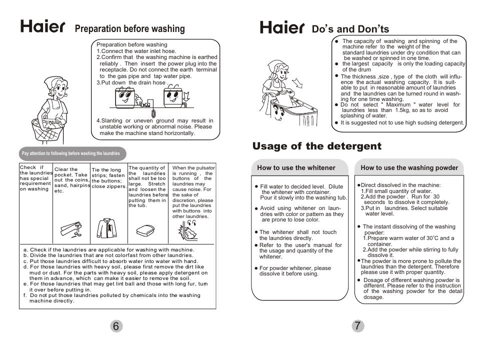 Т³гж 8, П ´ з ° ч, Preparation before washing | Do s and don ts, Usage of the detergent | haier AWT-80LI User Manual | Page 8 / 8