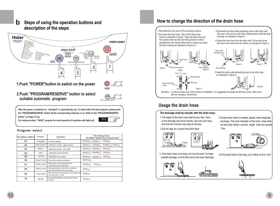 Usage the drain hose, How to change the direction of the drain hose, Program select | haier HWM70-0528T User Manual | Page 7 / 10