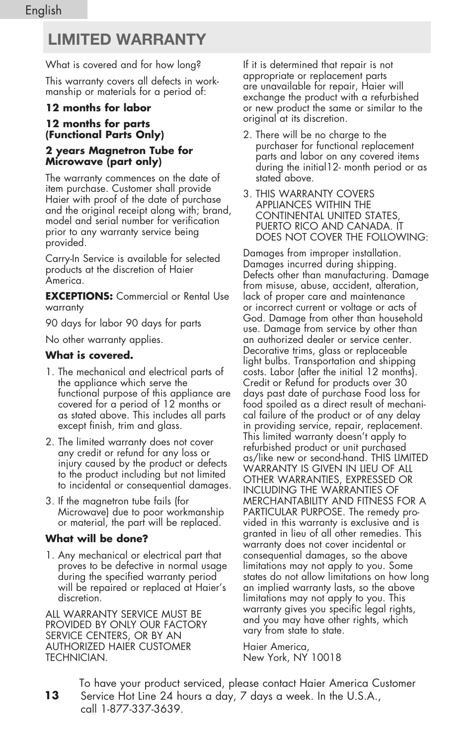 Limited warranty, English | haier MWM6600RW User Manual | Page 14 / 16