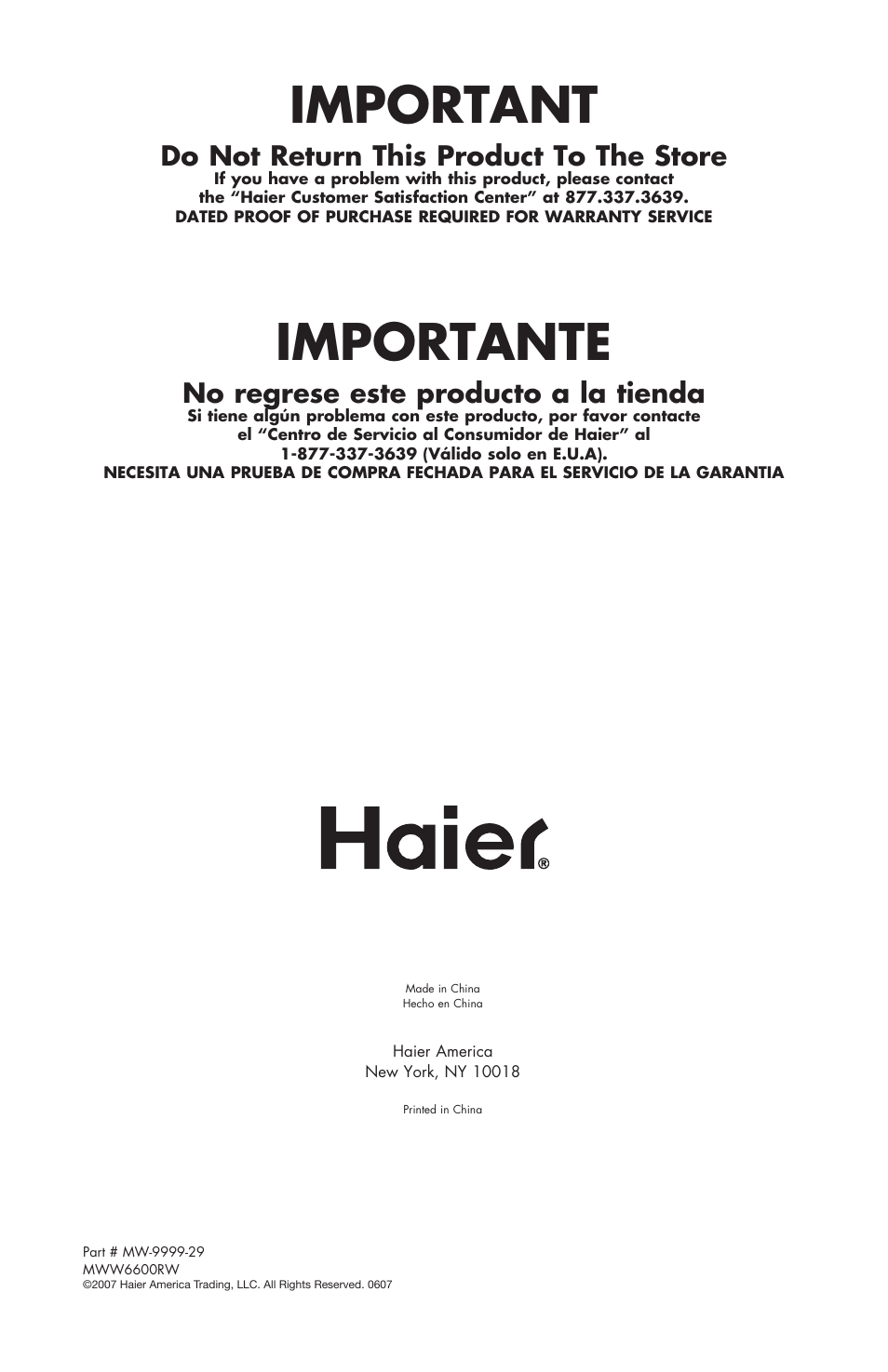 Important, Importante, Do not return this product to the store | No regrese este producto a la tienda | haier MWM6600RW User Manual | Page 16 / 16